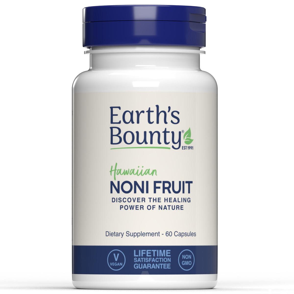 Earth's Bounty Noni Capsules, frasco visible, apoyo al bienestar diario.