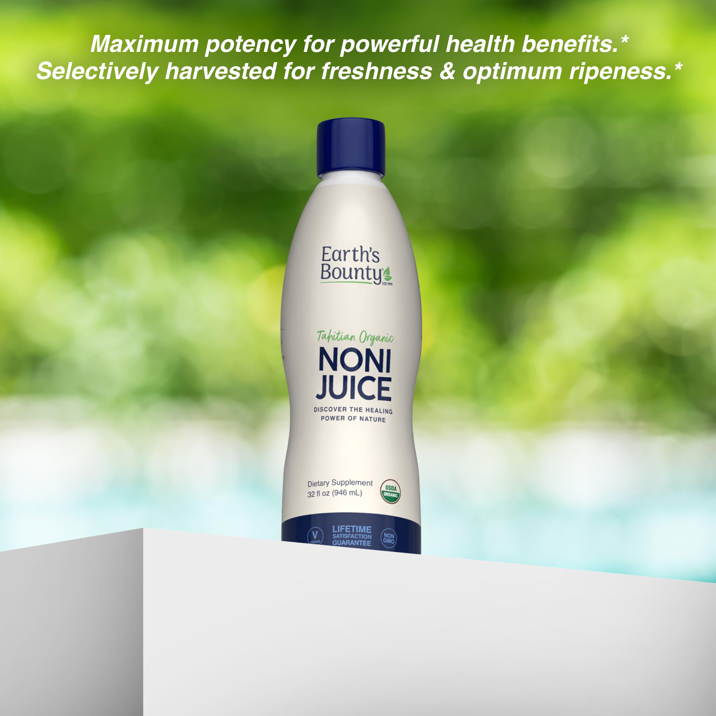 Medidor de la botella de Earth's Bounty Noni, dosis para batidos y bebidas.