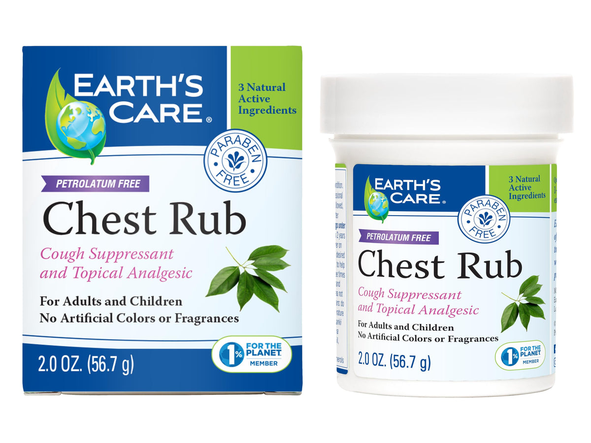 Earth's Care Chest Rub botella destacando fórmula natural para congestión suave