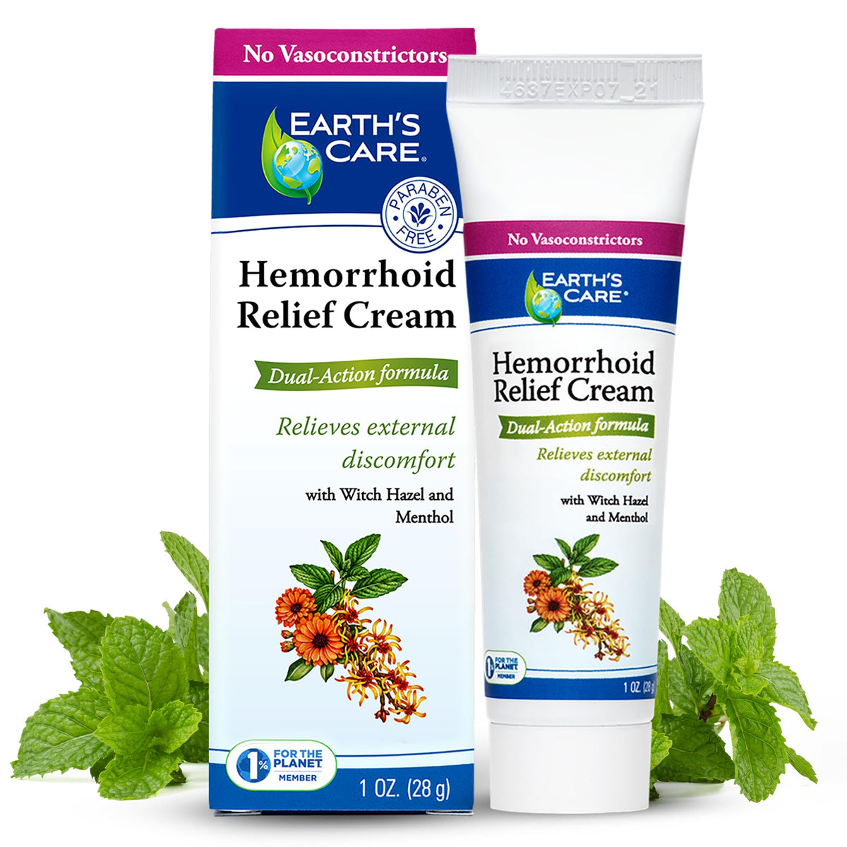 Earth’s Care crema para hemorroides, envase de bote, enfriamiento inmediato al aplicar