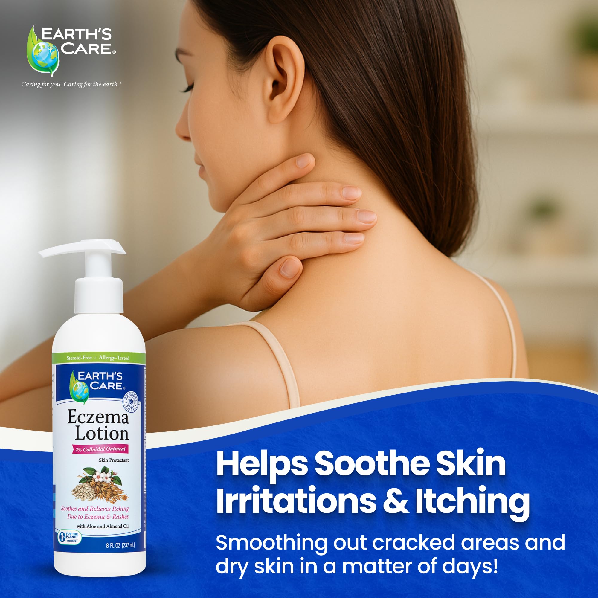 Earth's Care loción eczema aplicación en la palma para alivio inmediato.