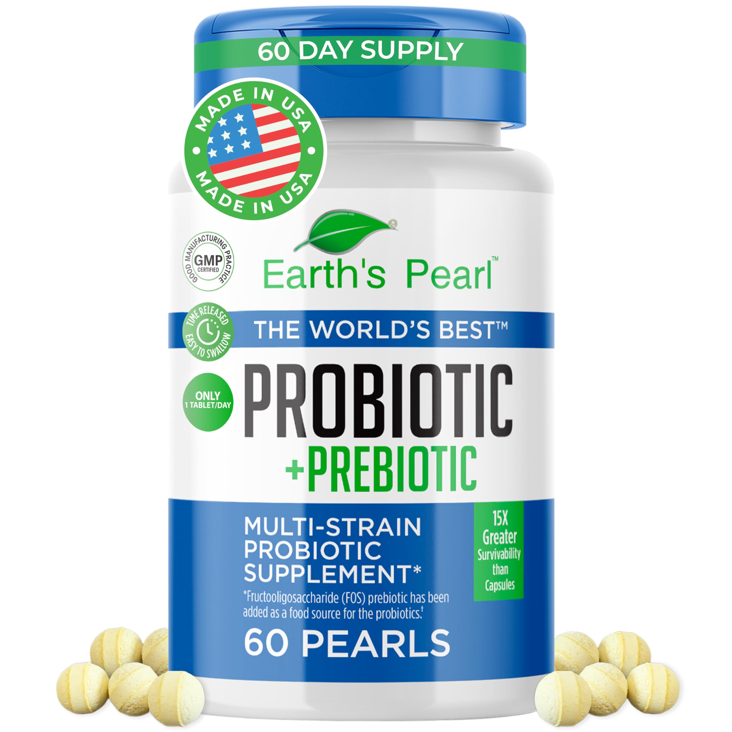 Earth's Pearl Probiotics cápsulas en forma de perla para equilibrio digestivo diario.