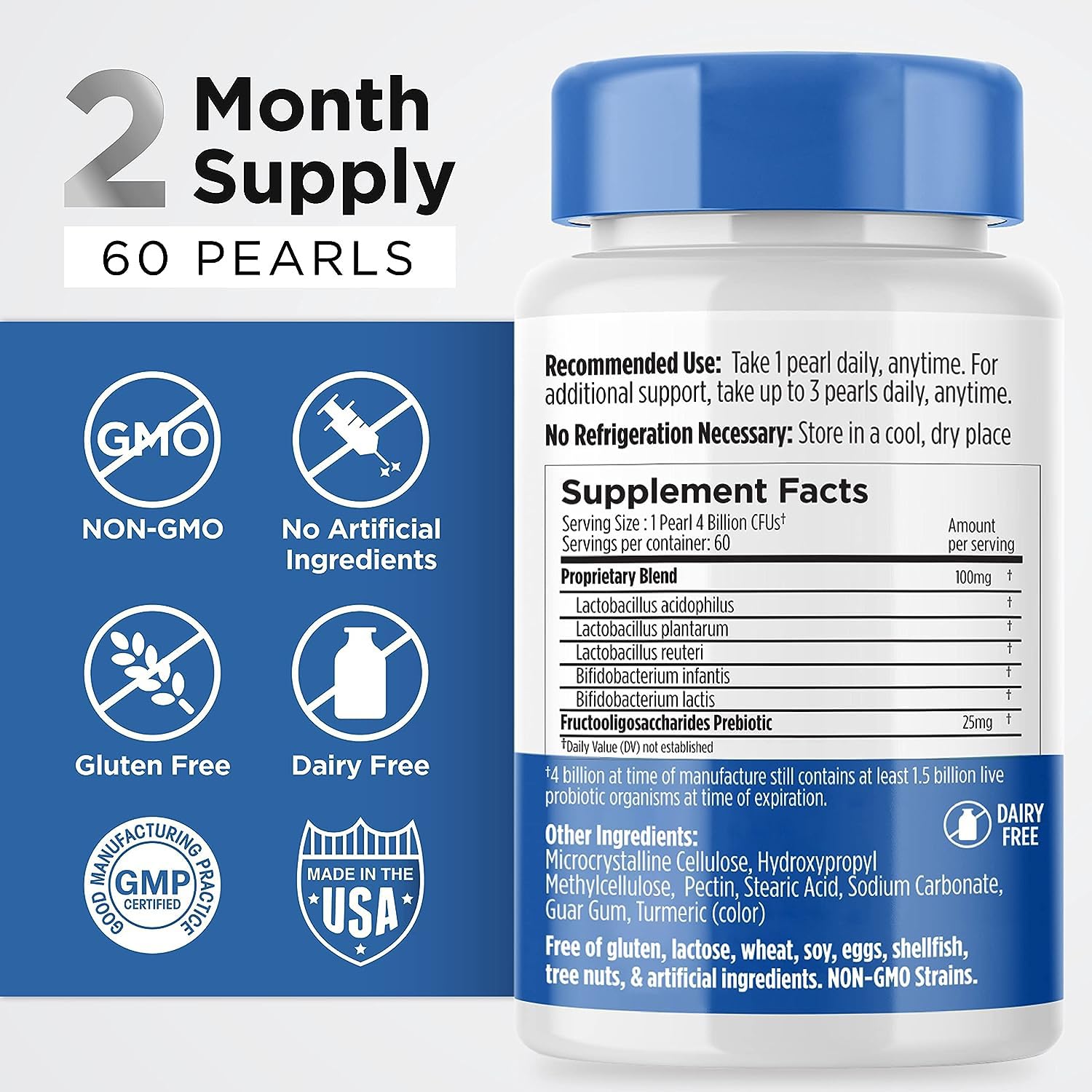 Earth's Pearl Probiotics libre de OGM, gluten y lactosa para intolerancias.