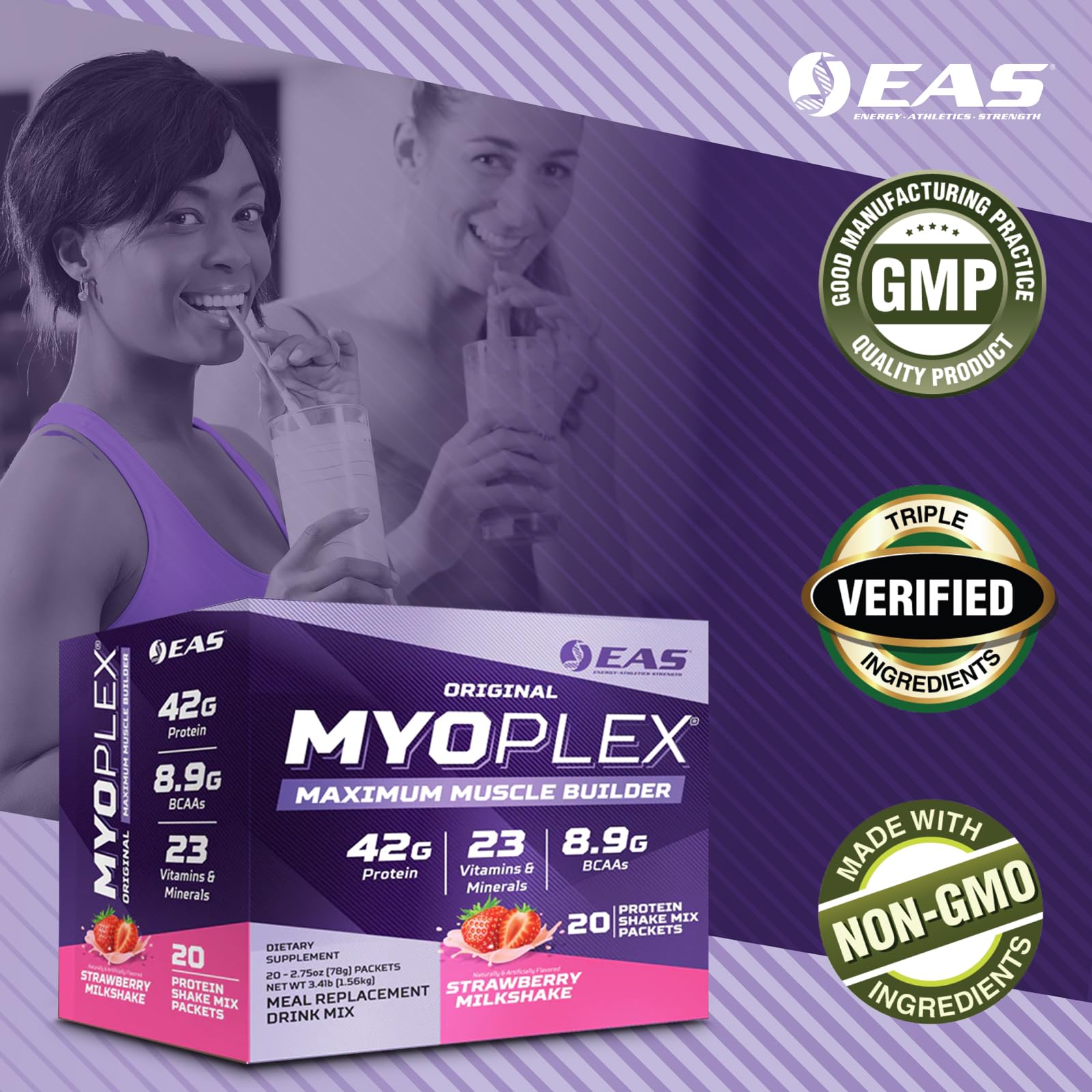 EAS Myoplex: etiqueta nutricional mostrando 23 vitaminas y minerales para apoyo general