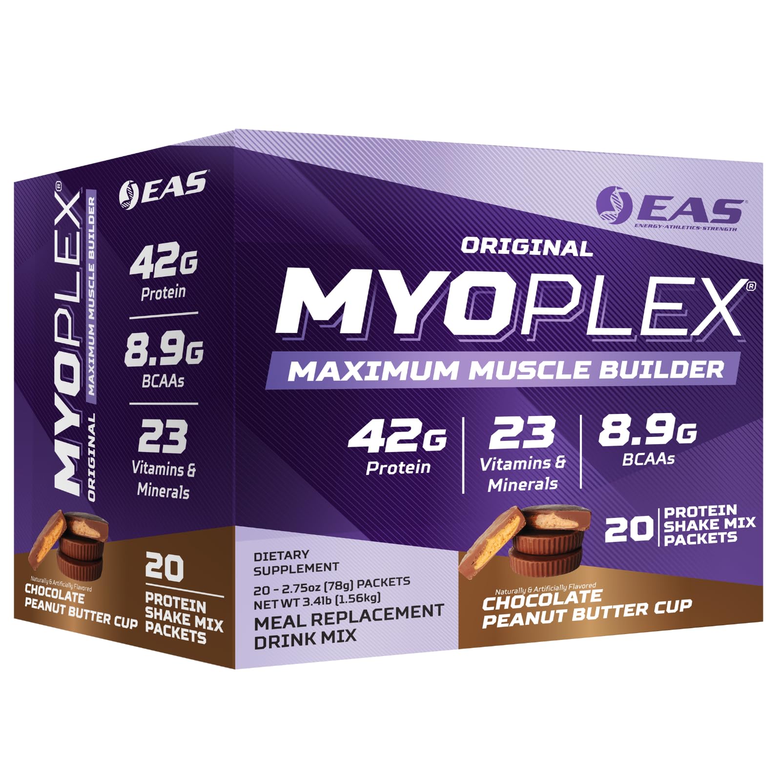 EAS Myoplex Original, envase frontal destacando proteína de alta calidad para reconocimiento de la marca