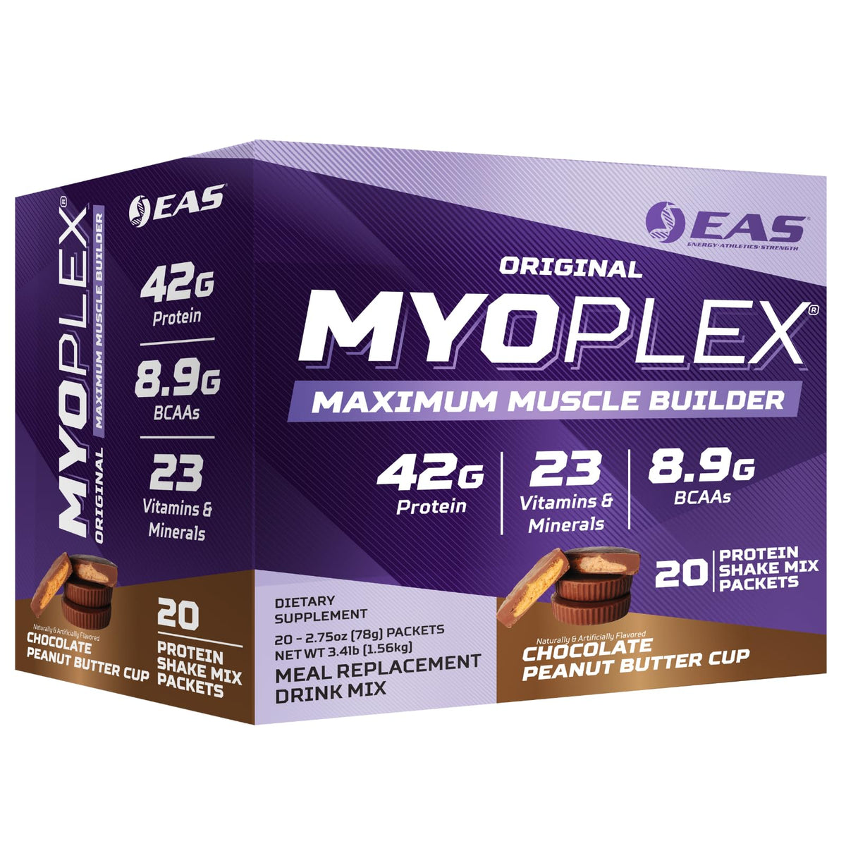 EAS Myoplex Original, envase frontal destacando proteína de alta calidad para reconocimiento de la marca