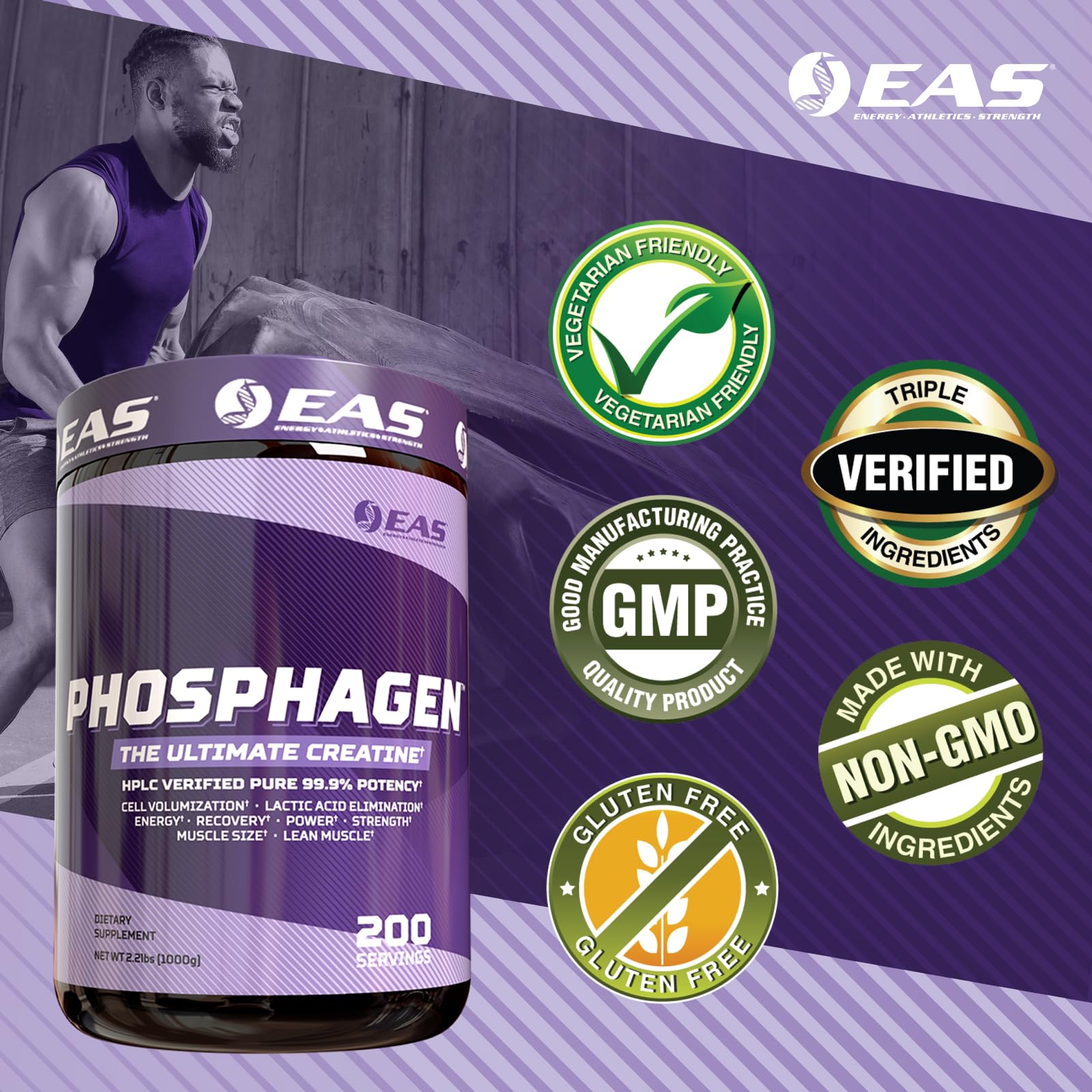 Polvo neutro de EAS Phosphagen Ultimate Creatine para mezclar fácilmente.
