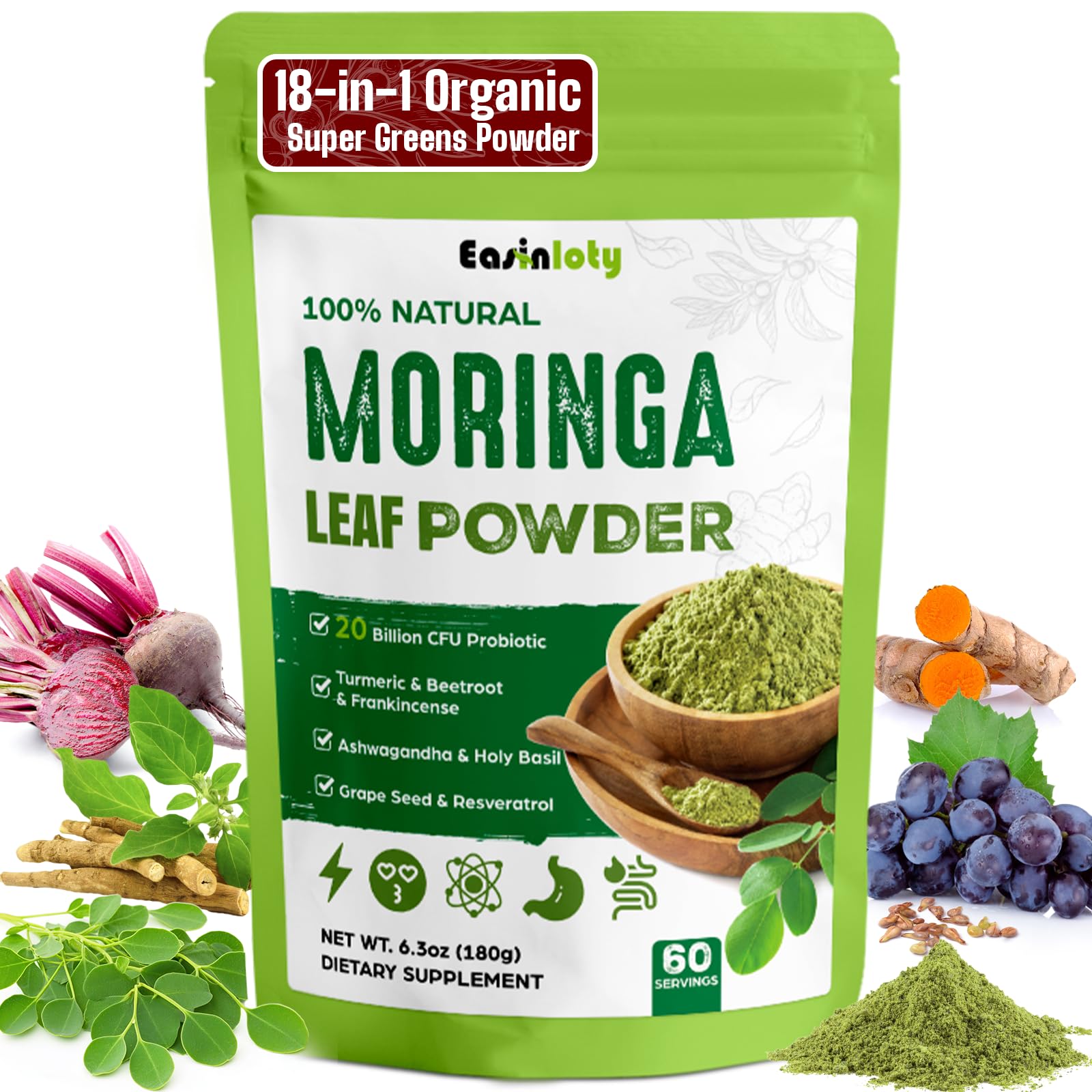 Easinloty moringa polvo orgánico con hojas concentradas para energía diaria