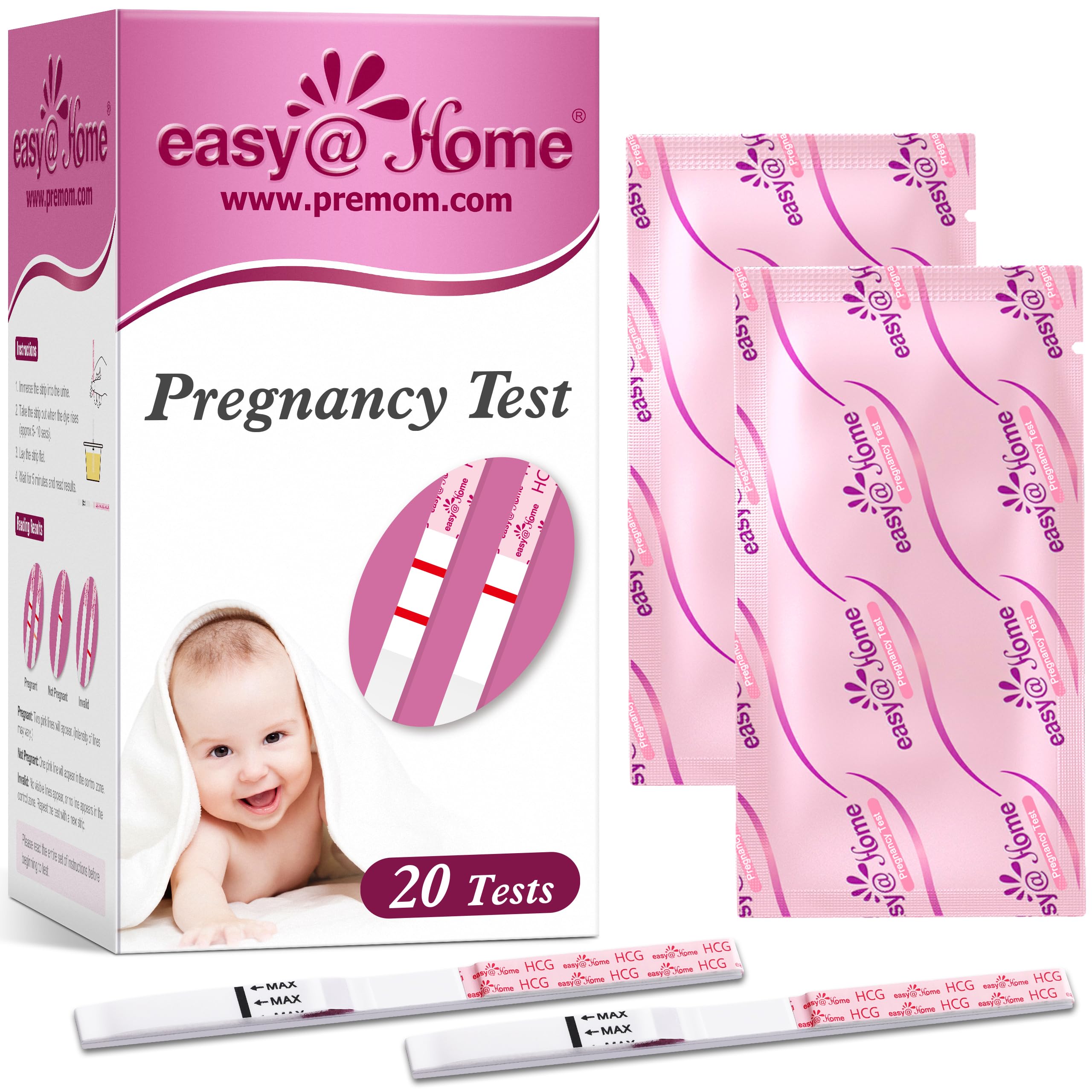 Prueba de embarazo Easy@Home 20-pack con empaque individual para mayor conveniencia.