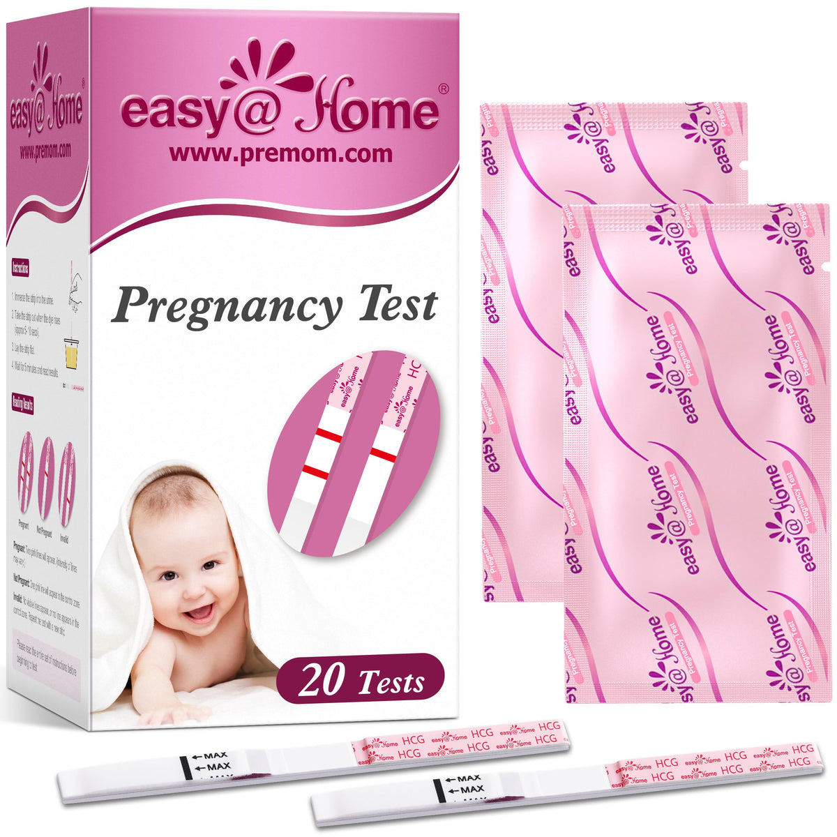 Prueba de embarazo Easy@Home 20-pack con empaque individual para mayor conveniencia.