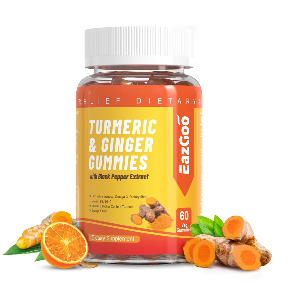 Envase de gominolas EAZGOO curcuma naranja para consumo diario.
