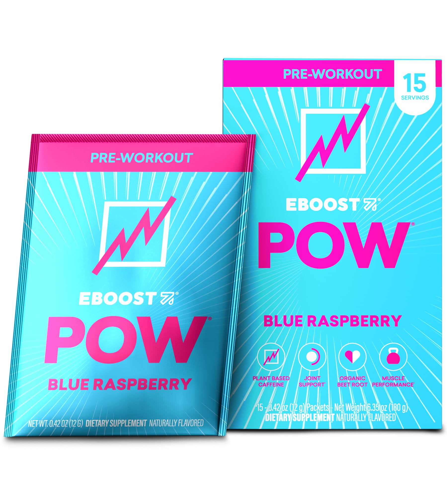 EBOOST POW sabor azul frambuesa en paquetes para preentrenamiento energizante