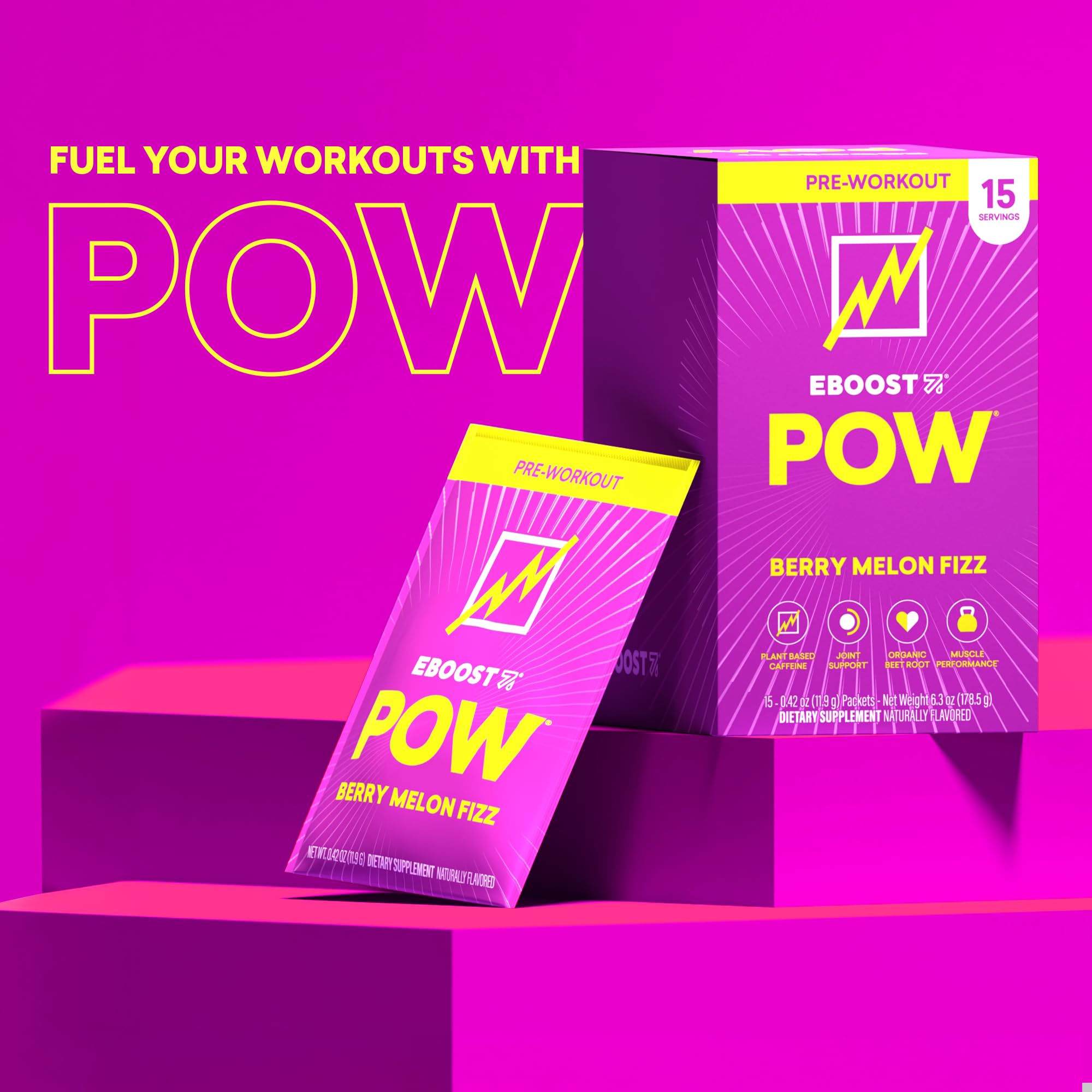 Envase de 15 sobres de EBOOST POW listo para llevar