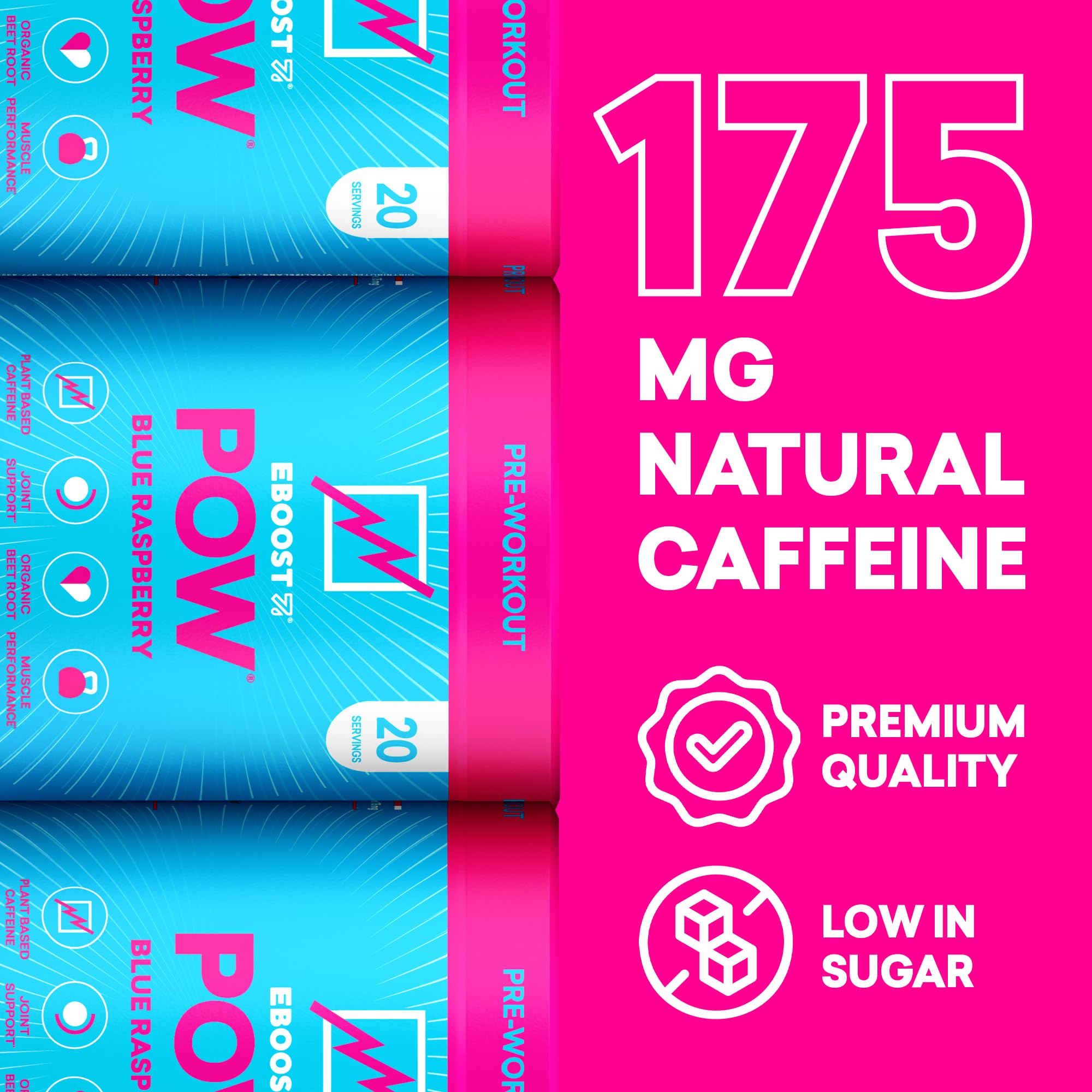 EBOOST POW mezcla en vaso con burbujas y sabor refrescante.