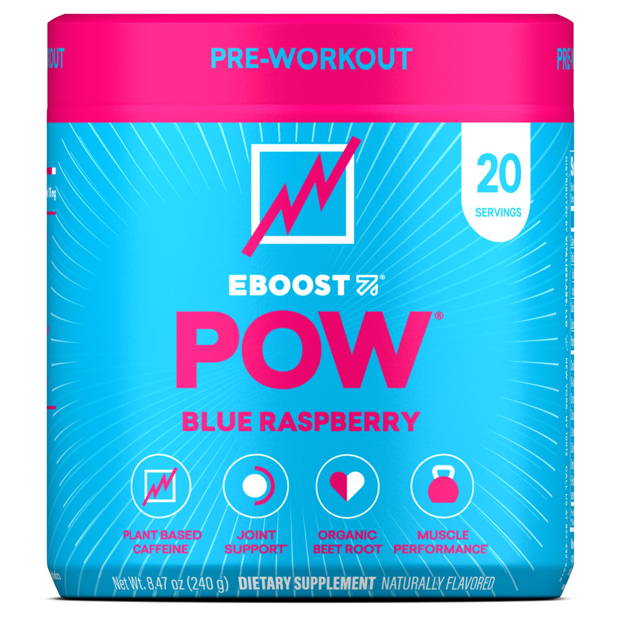 EBOOST POW polvo pre-entrenamiento arándano azul para energía sostenida.