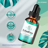 Echo Free Tinnitus Drops, envase de vidrio para cuidado auditivo diario.