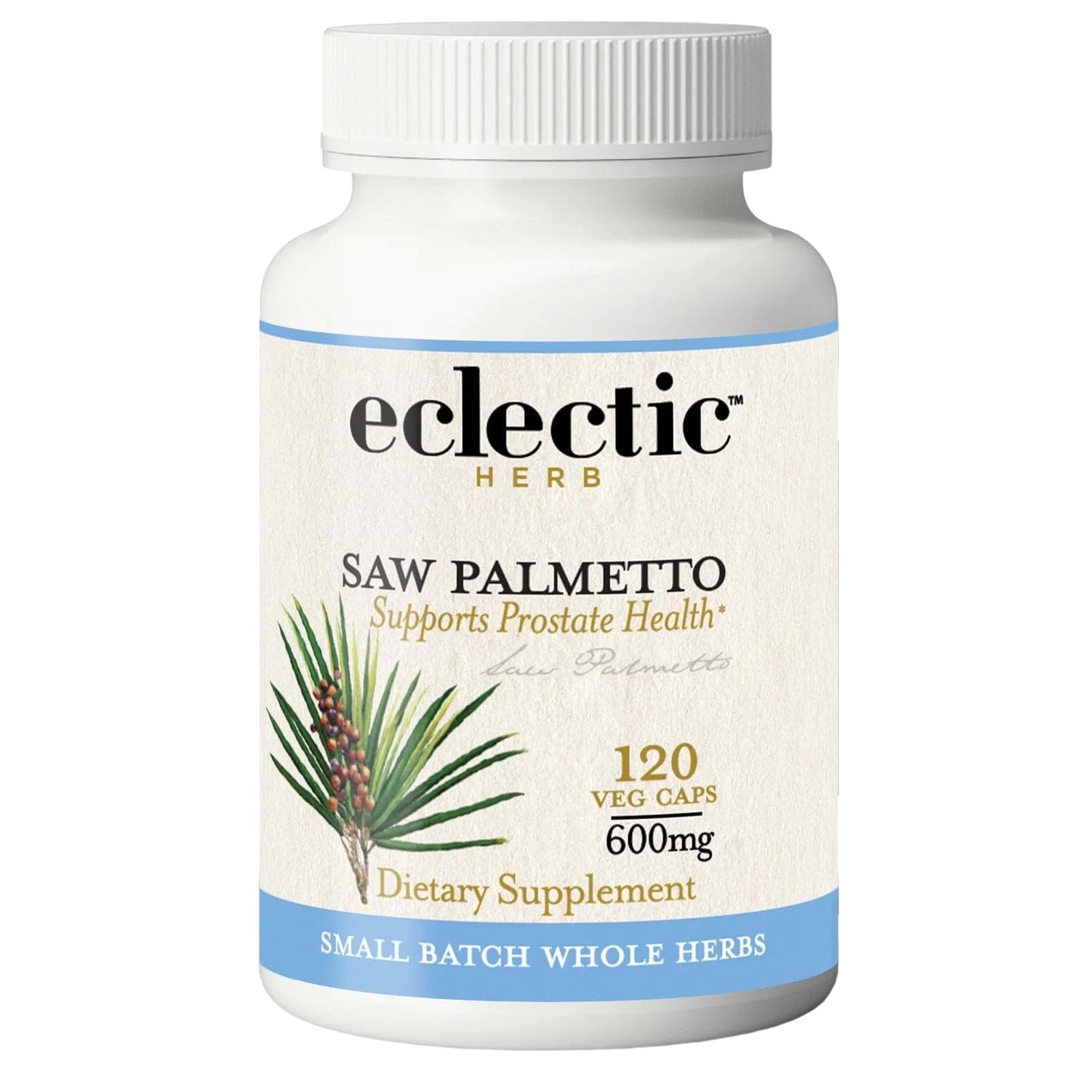 Eclectic Institute Saw Palmetto cápsulas en frasco para uso diario.