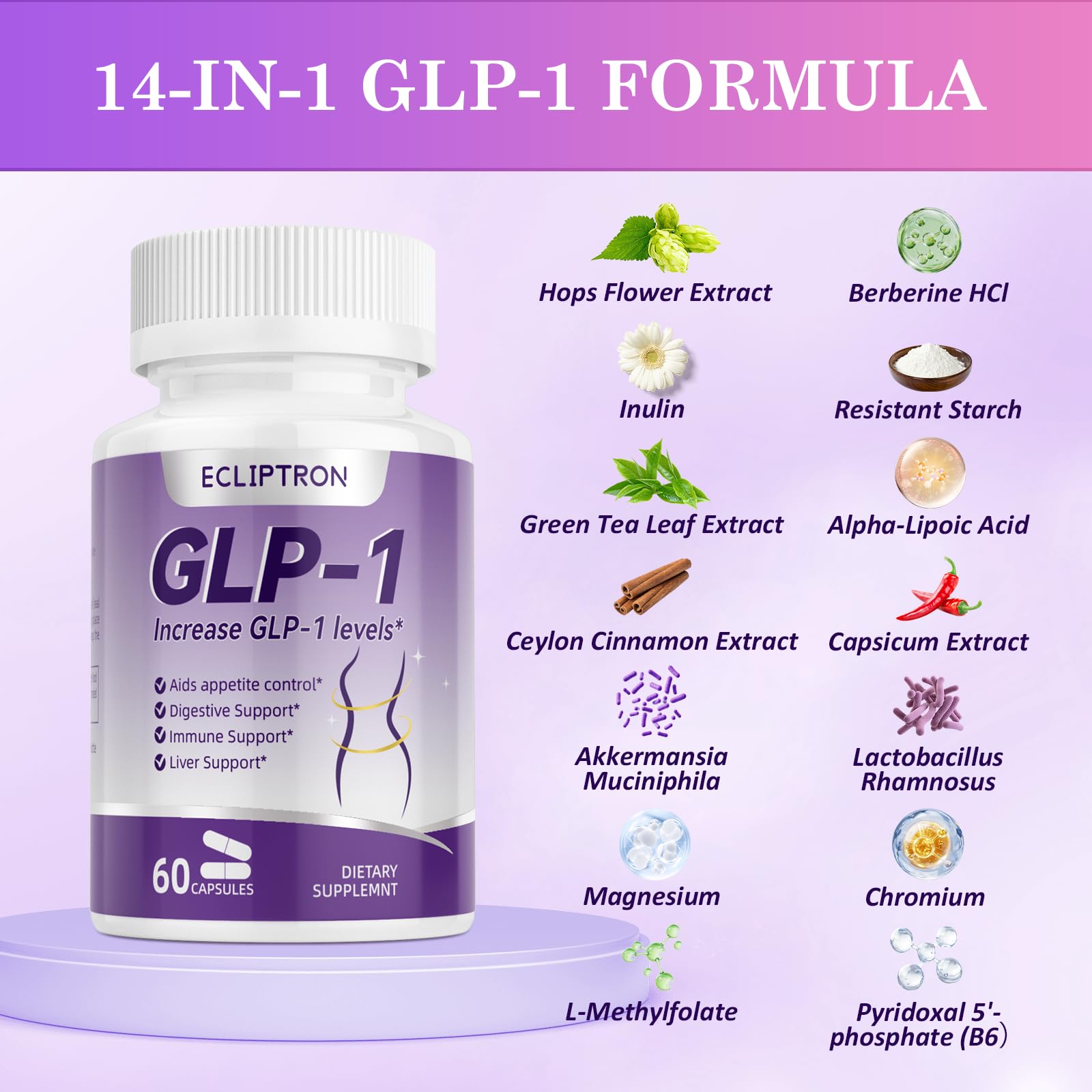 Ingredientes clave de Ecliptron GLP-1, probióticos y apoyo digestivo