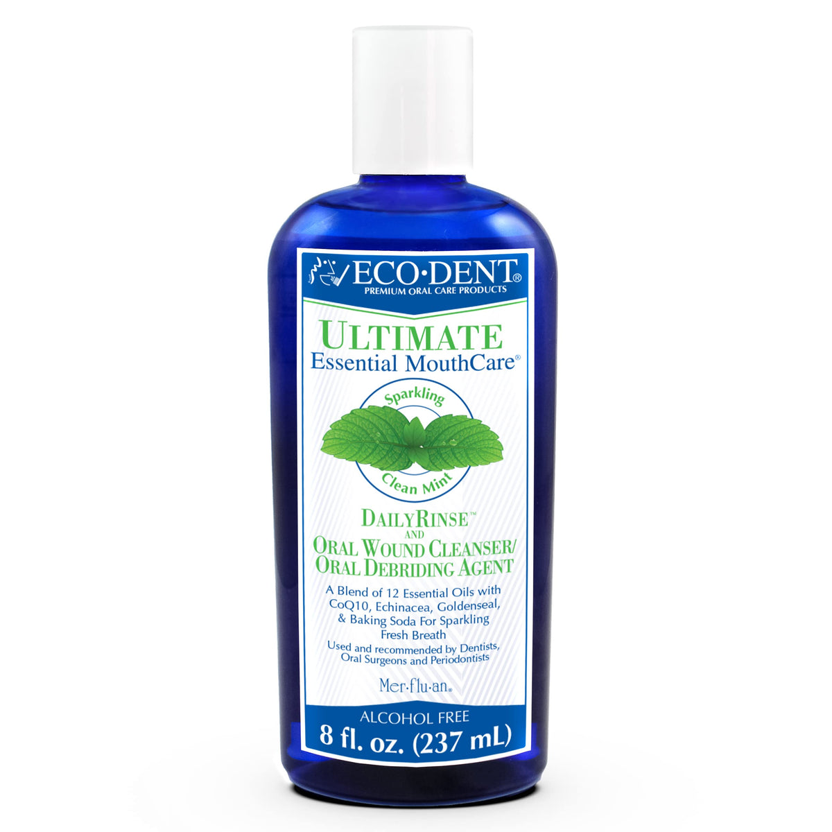 Eco-Dent enjuague bucal menta sin alcohol, sensación fresca y suave.