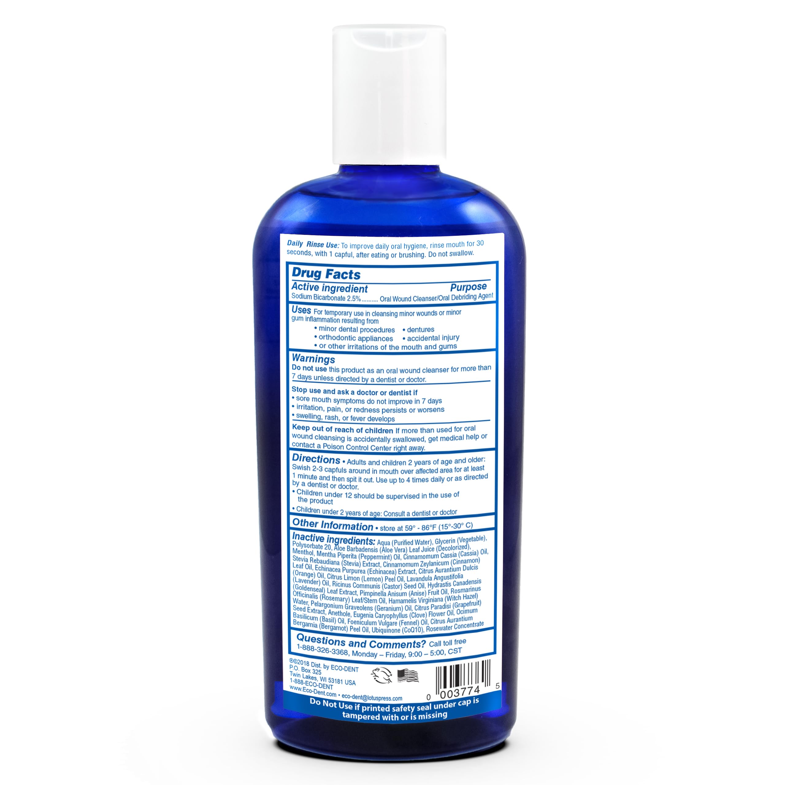 Eco-Dent enjuague bucal sin alcohol con canela, botella 237 ml, limpieza diaria sin irritación.