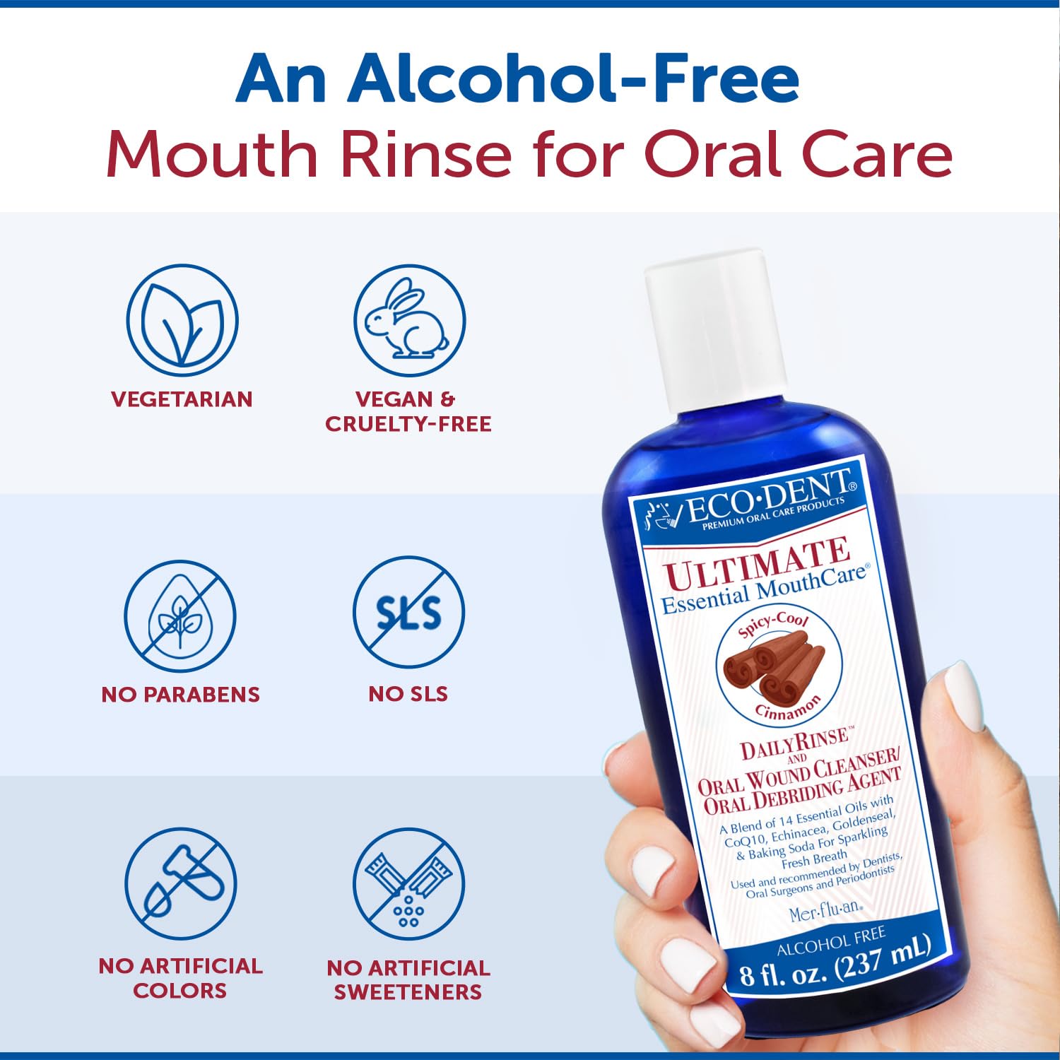 Eco-Dent enjuague bucal sin alcohol con canela, imagen de ingredientes herbales y coenzima Q10.