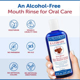 Eco-Dent enjuague bucal sin alcohol con canela, imagen de ingredientes herbales y coenzima Q10.
