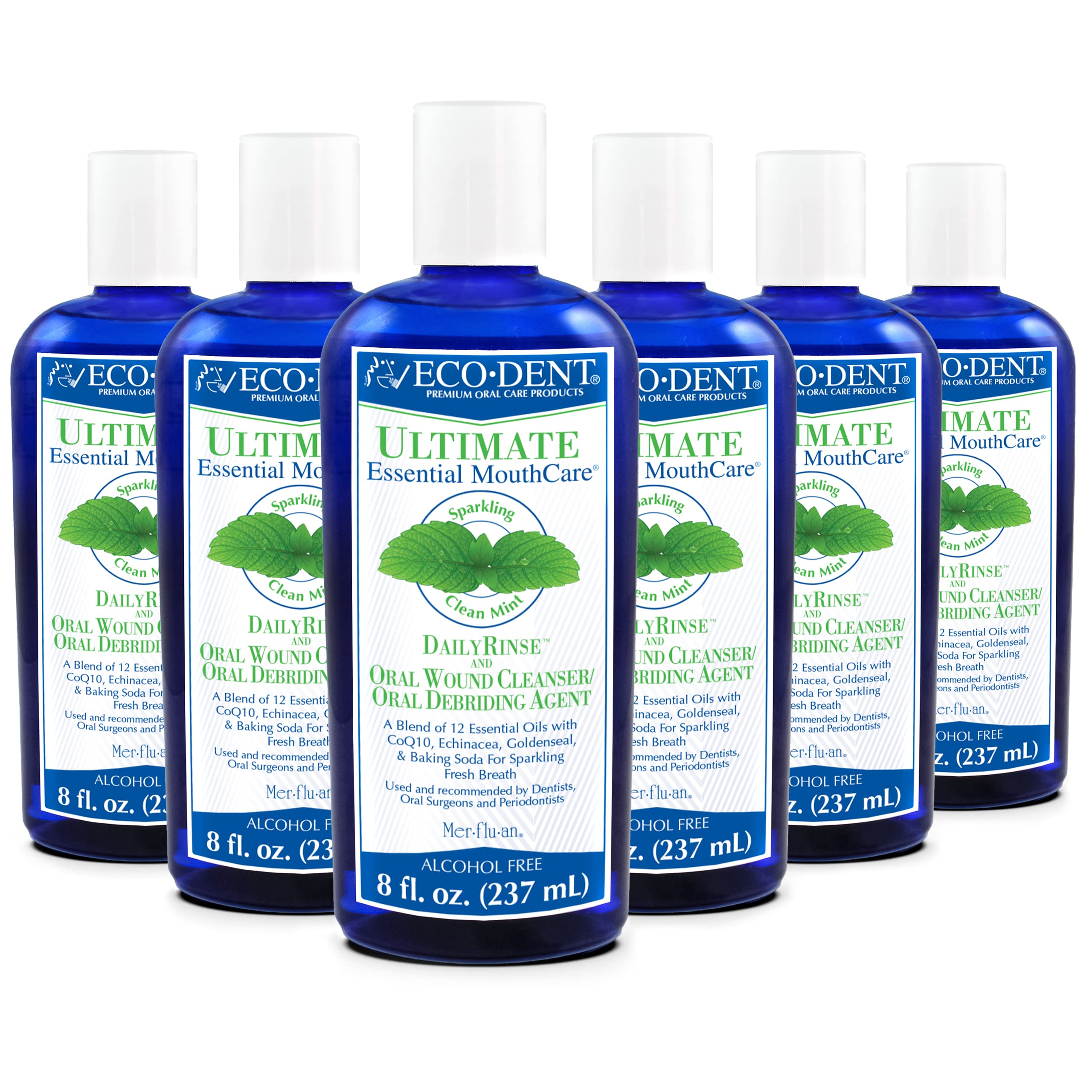 Eco-Dent enjuague bucal sin alcohol con menta, botella visible, frescura duradera.