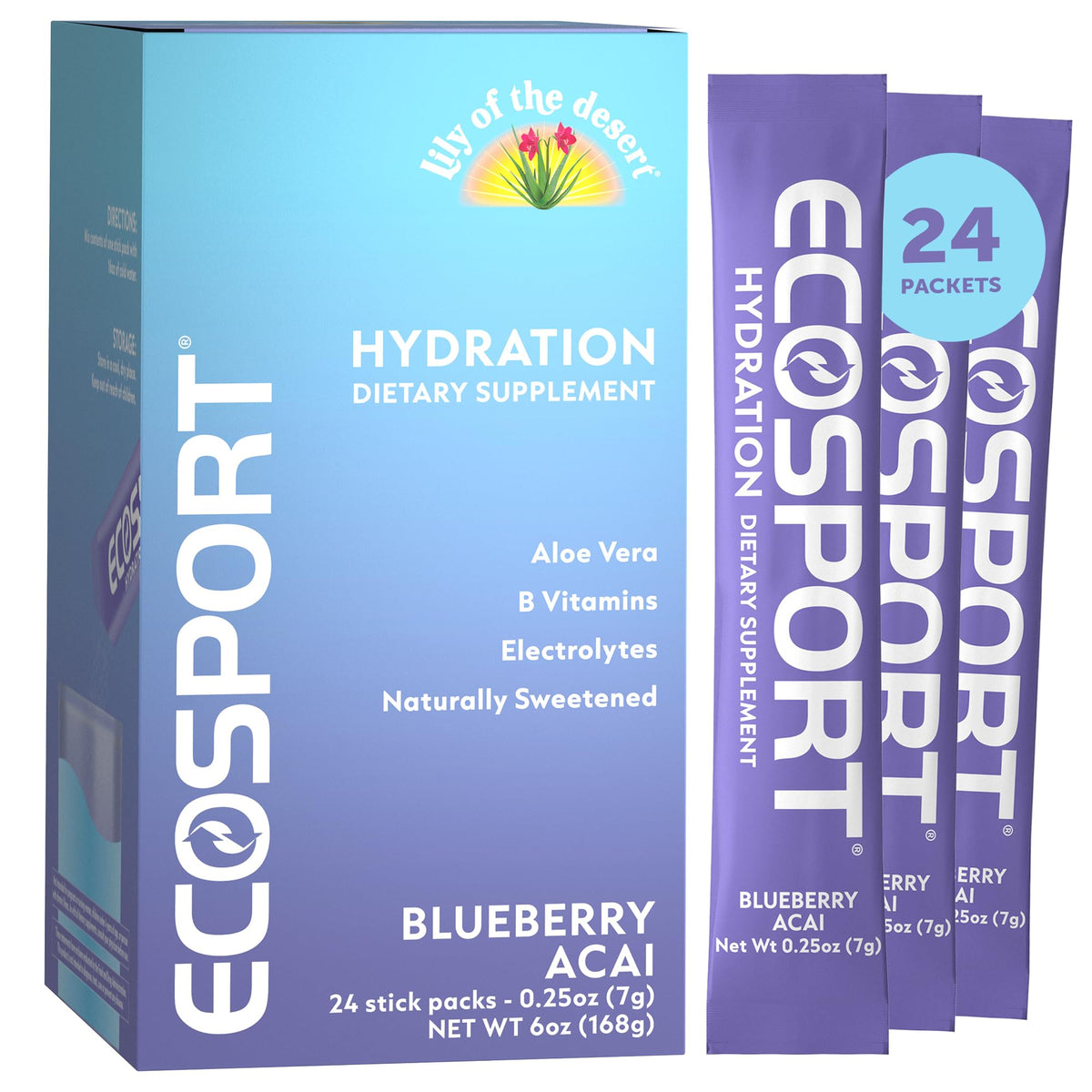 Eco Drink Lily Desert EcoSport: paquetes de hidratación sabor arándano acai para beber durante el ejercicio