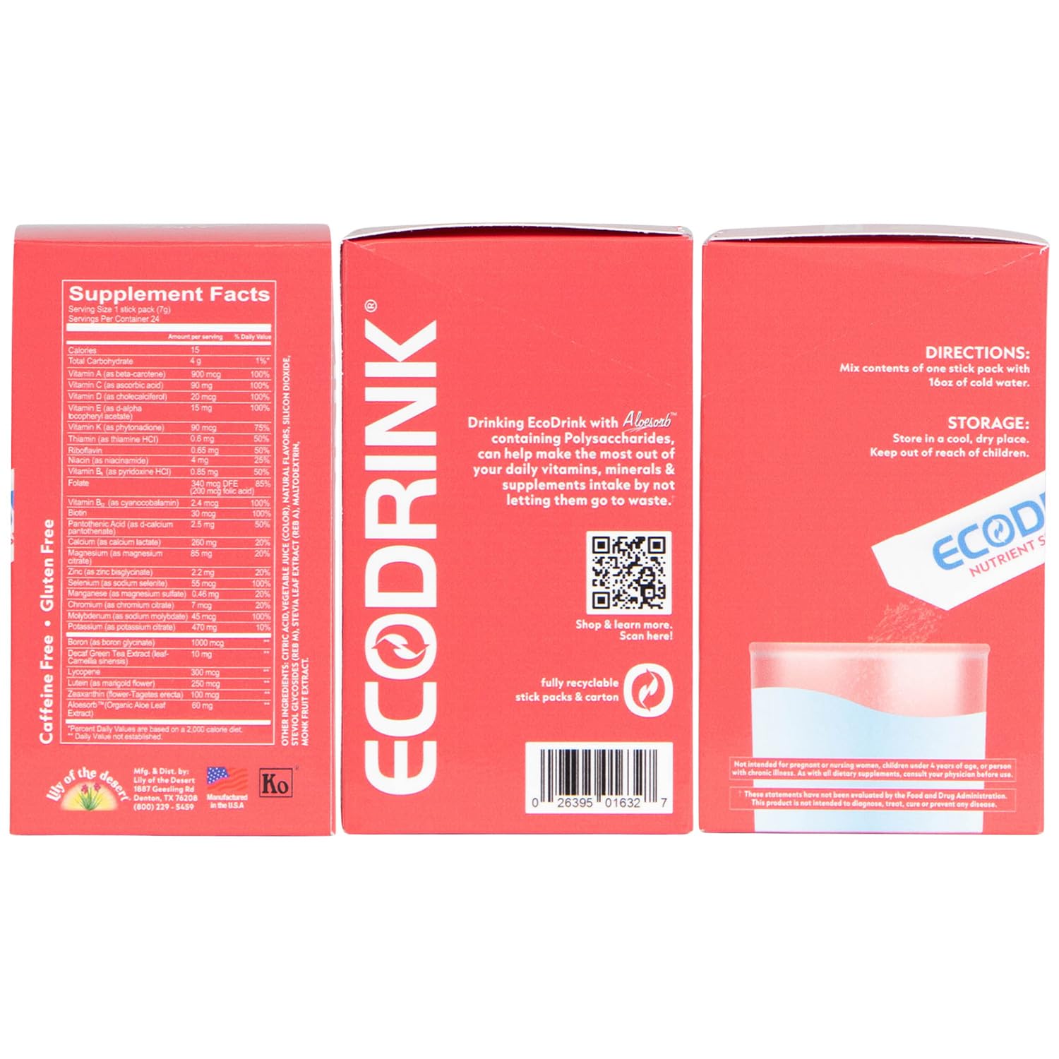 Eco Drink Lily del Desierto, etiqueta nutricional, destaca vitaminas y minerales clave