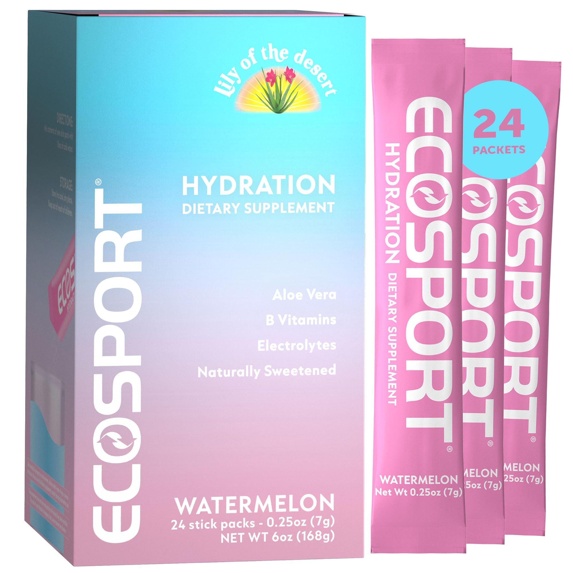 EcoSport de Eco Drink, sabor sandía, se disuelve en agua para hidratación rápida.
