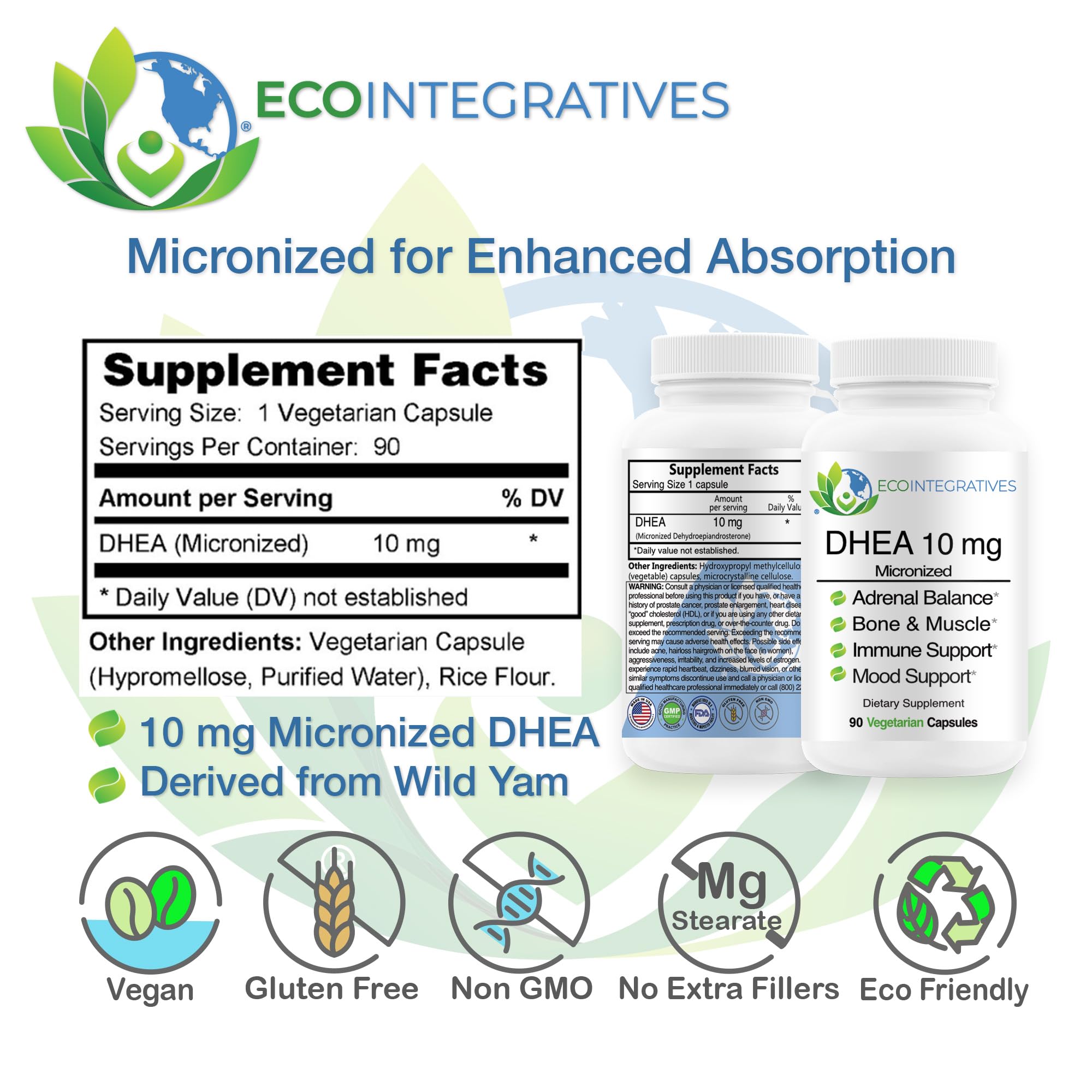Cápsulas vegetarianas de EcoIntegratives DHEA 10 mg para uso diario.
