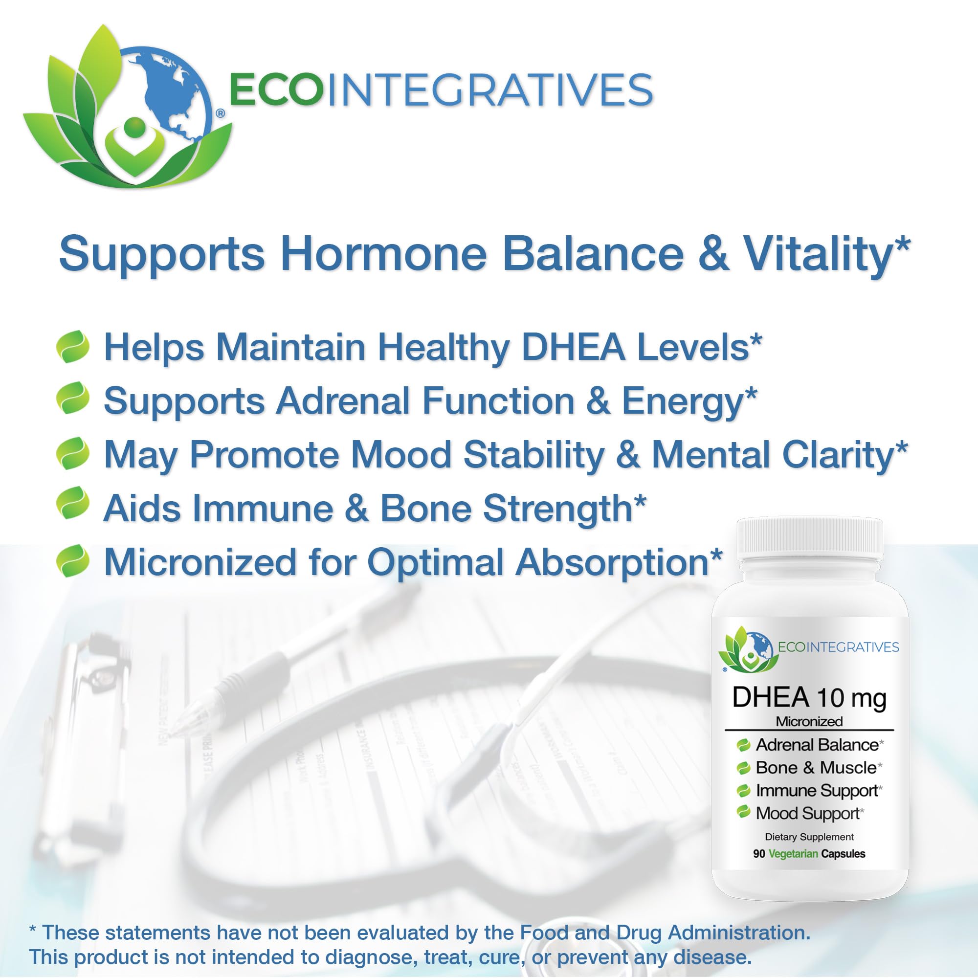 Etiqueta de EcoIntegratives DHEA 10 mg micronizado con información clara.