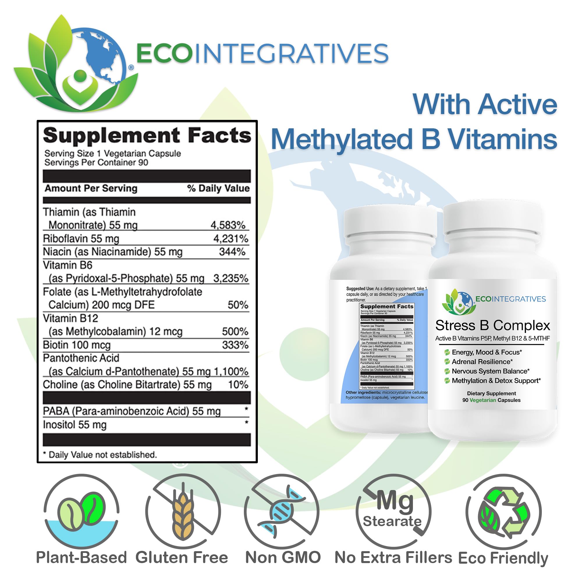 EcoIntegratives Stress B Complex botella con cápsulas, soporte diario de energía y ánimo.