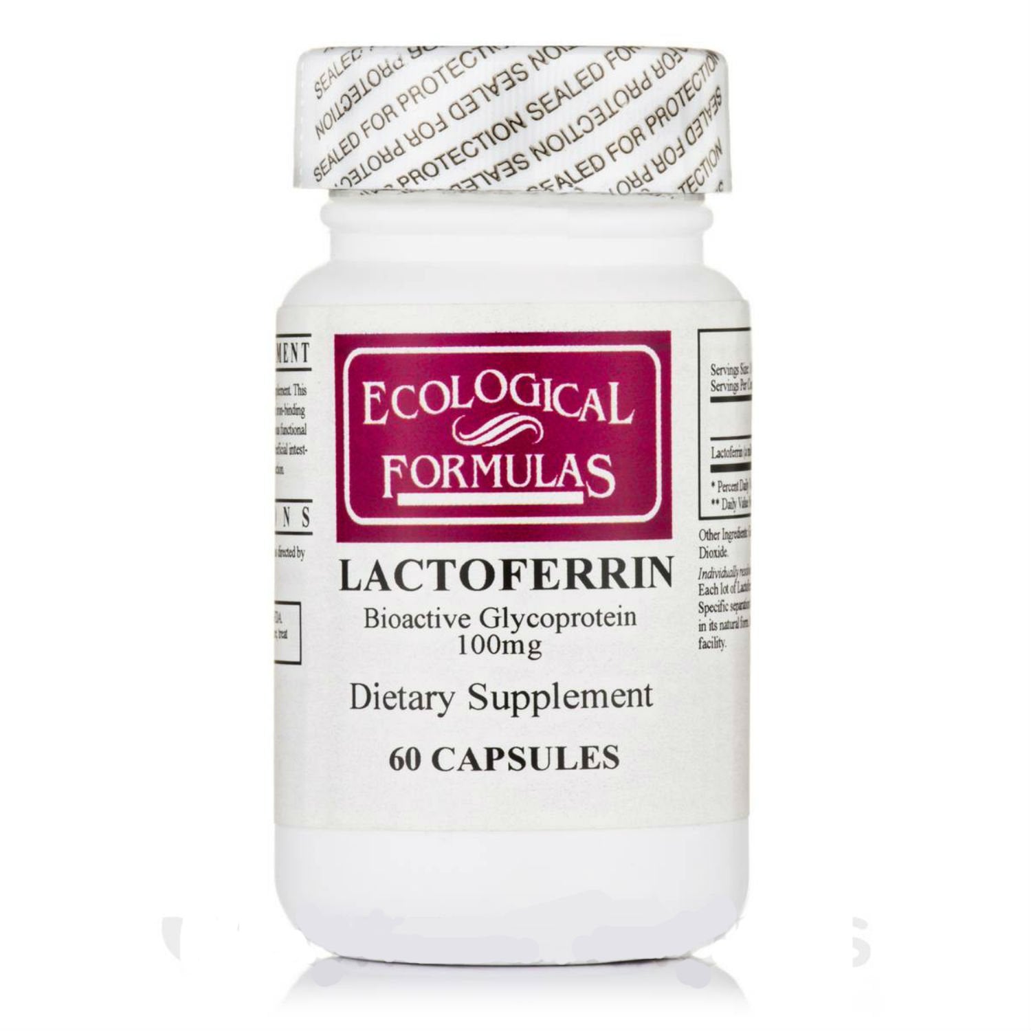 Ecological Formulas Lactoferrina 100 mg, botella, apoyo digestivo potencial.
