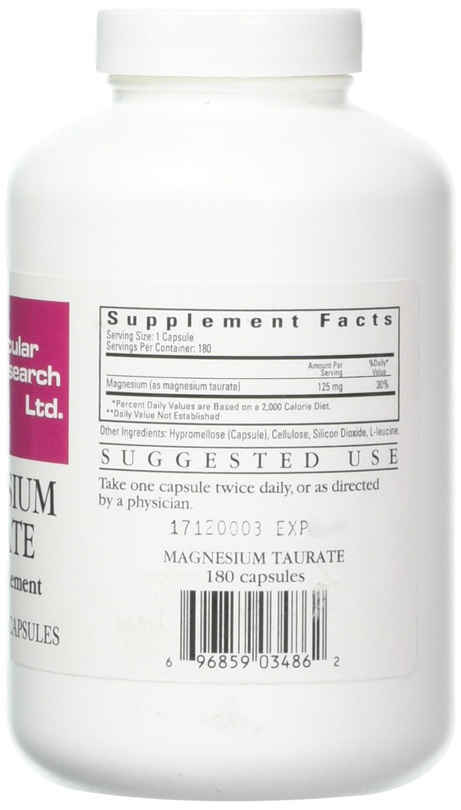 Ecological Formulas magnesio taurato, bote de 180 cápsulas, ideal para uso diario