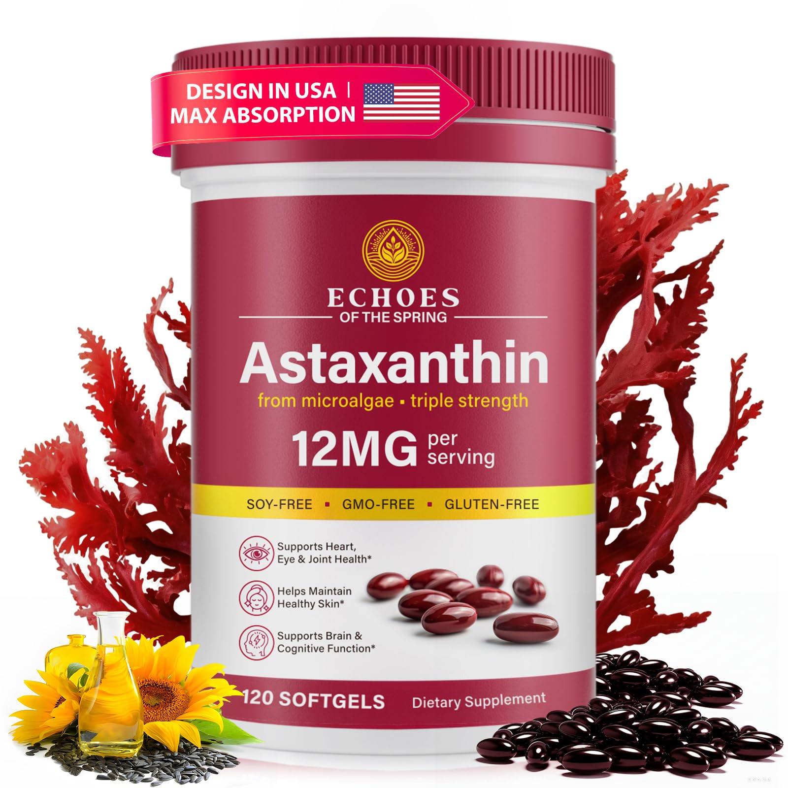Ecos de la Primavera astaxantina 12 mg en botella para apoyo antioxidante diario.