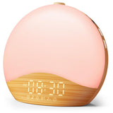 Ecozy despertador con luz de amanecer y acabado en grano madera para un despertar suave.