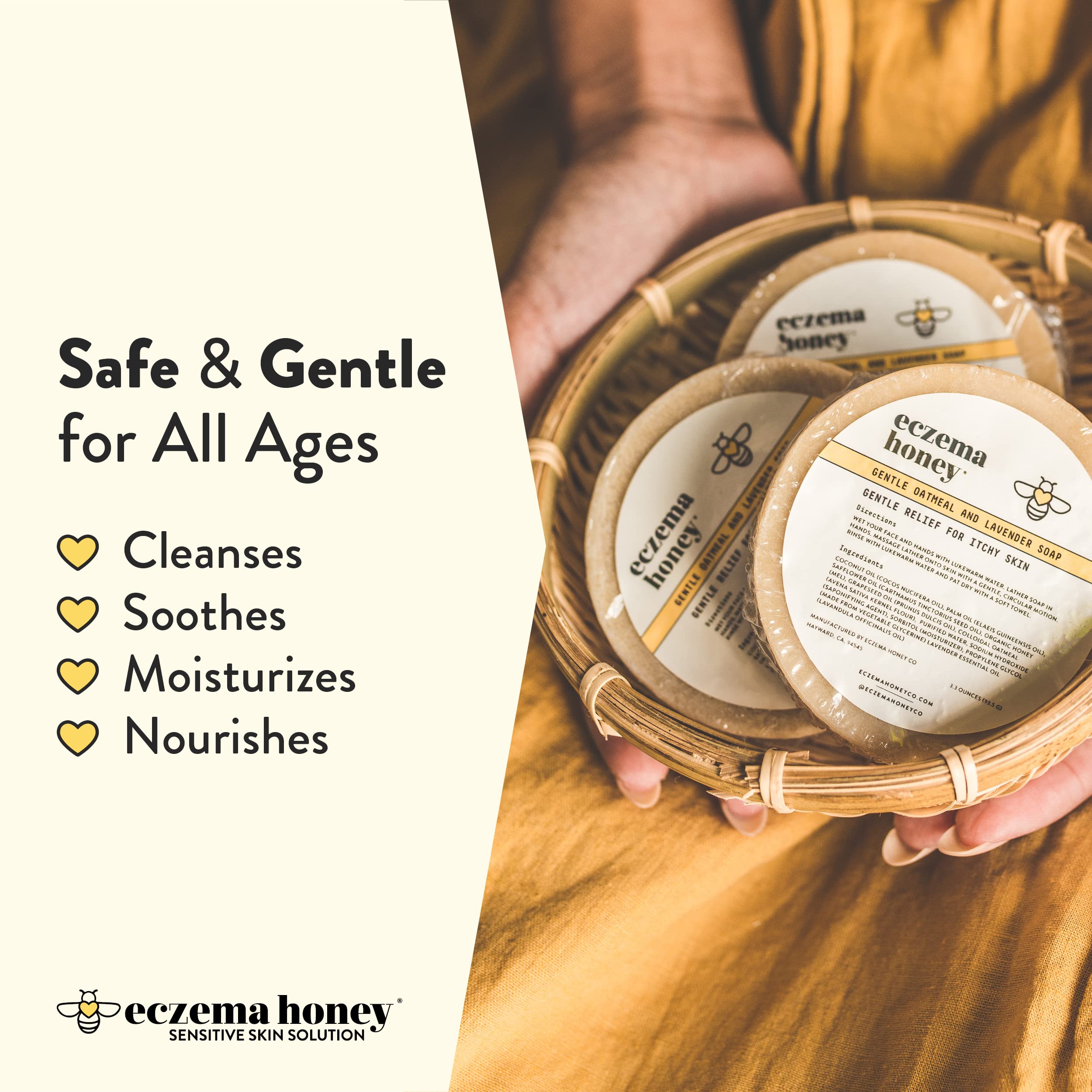 Ingredientes naturales: avena coloidal, miel y aceites para hidratación suave.