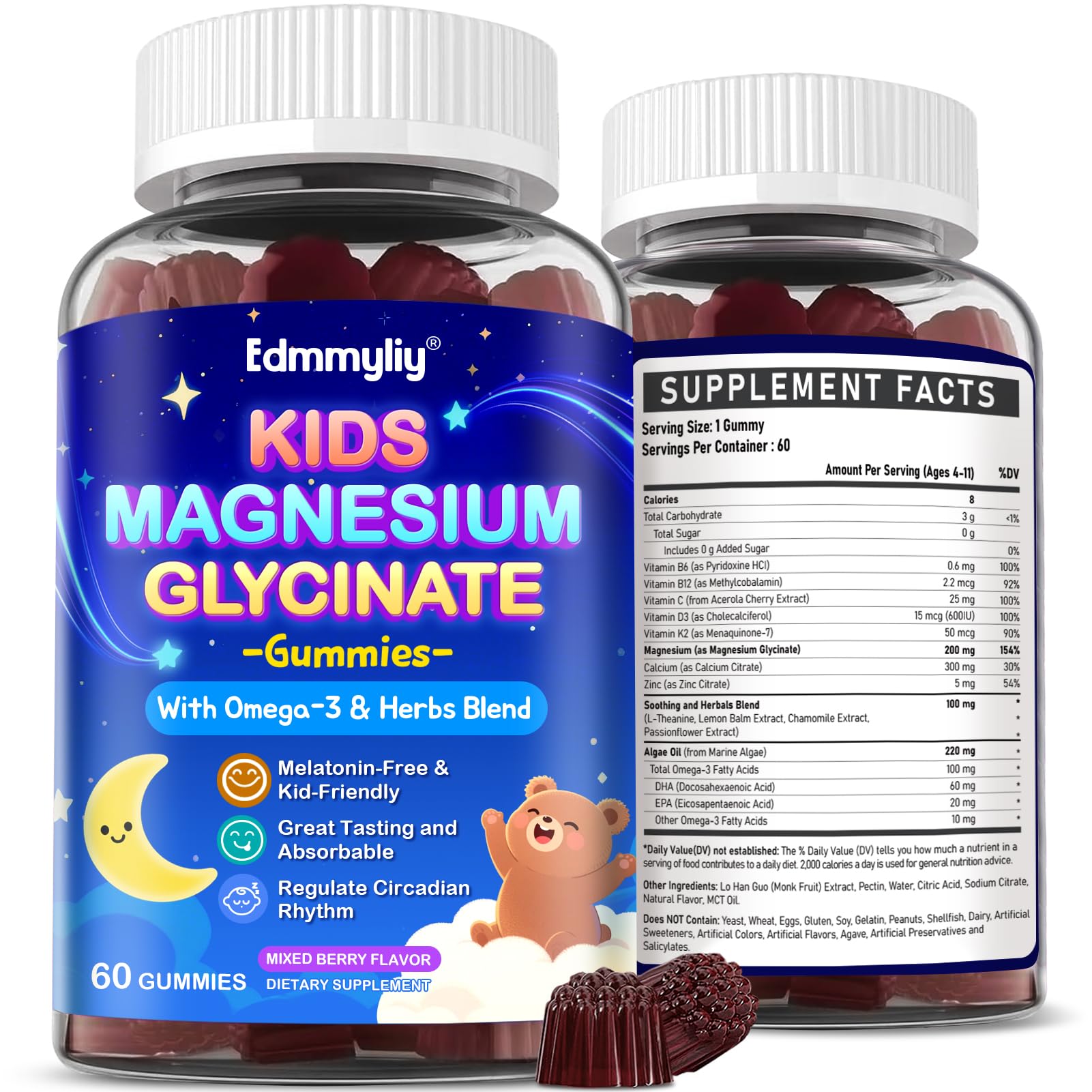 Edmmyliy gomas magnesio para niños, frente del frasco, apoyo para relajarse antes de dormir