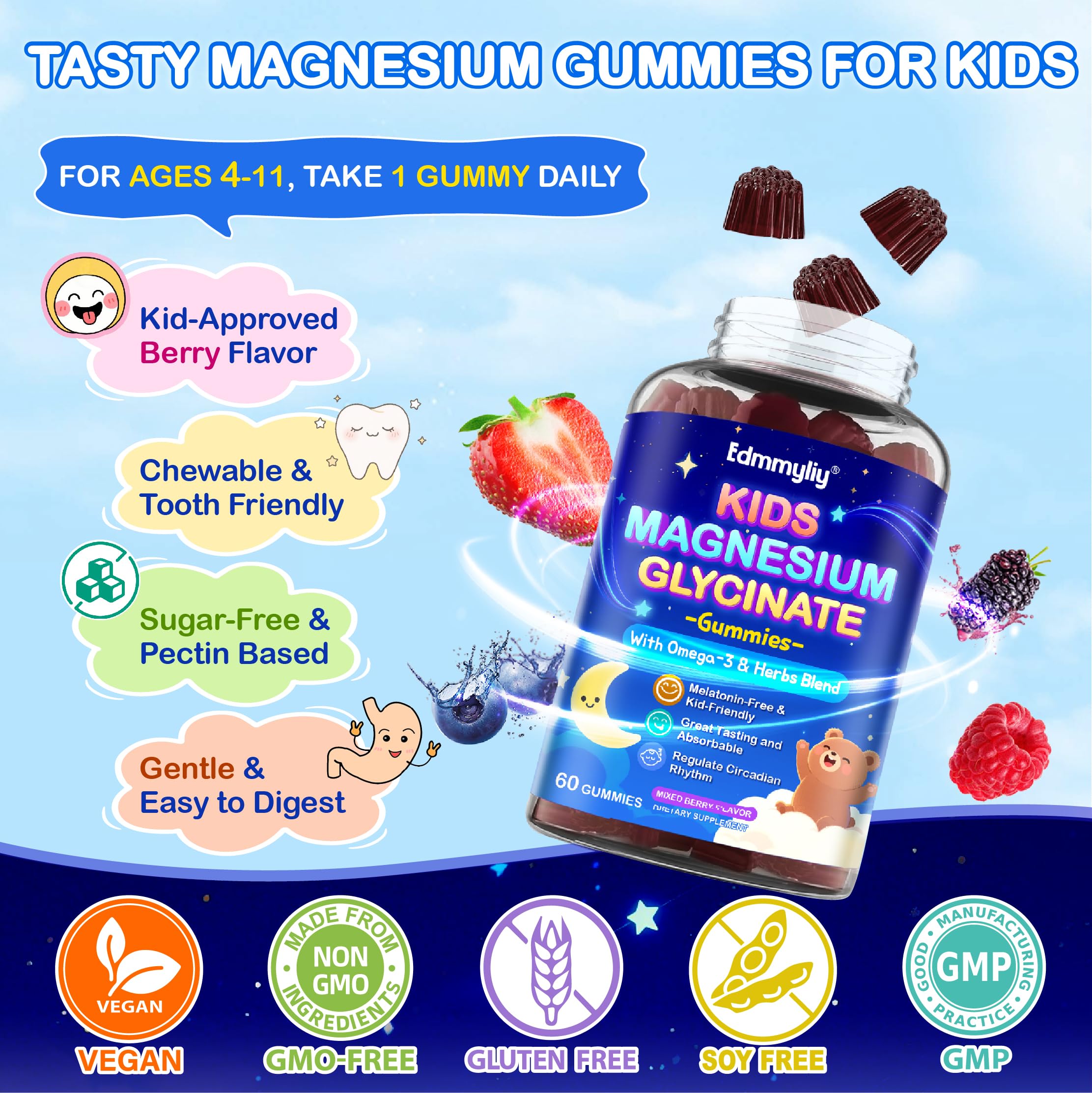 Edmmyliy gomas magnesio para niños, sin gelatina y veganas