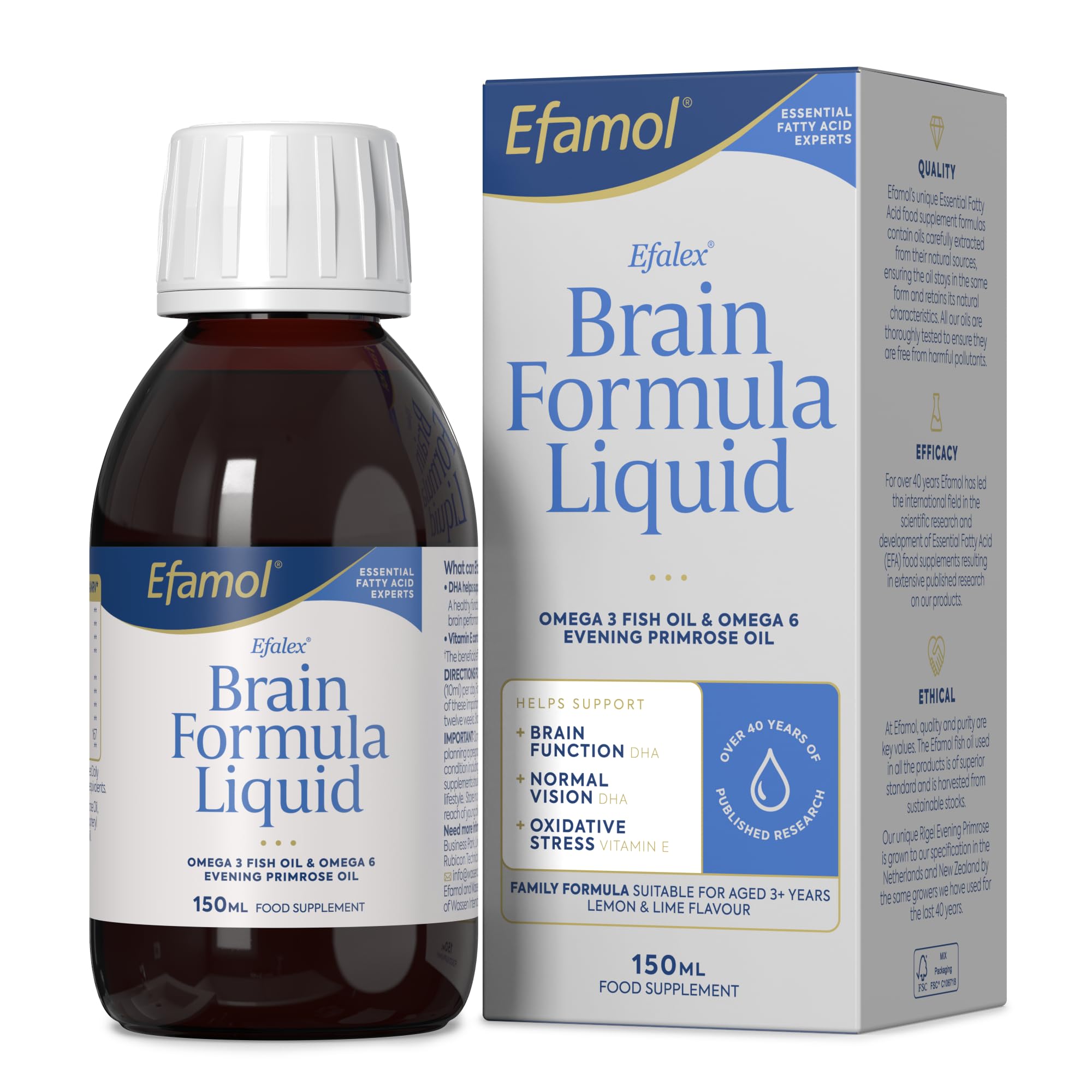 Efamol Efalex en frasco de 150 ml con sabor limón-lima para toma diaria fácil.