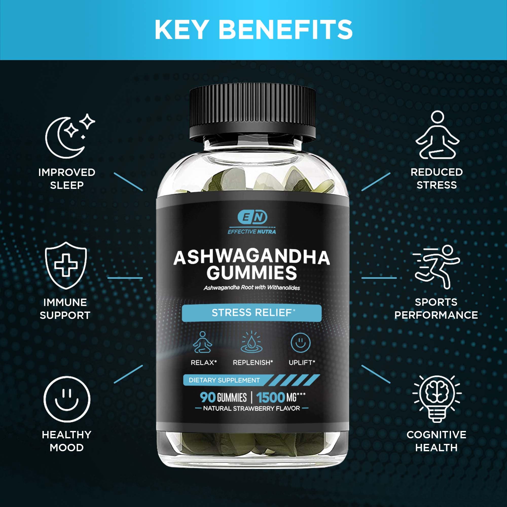 Gomitas de Effective Nutra Ashwaganda con sabor fresa para relajación suave.