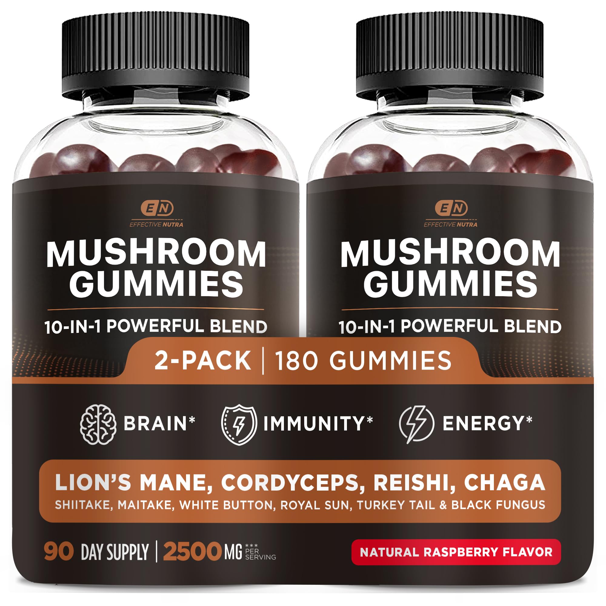 Effective Nutra Gomitas de Hongos 2500mg - botella frambuesa, sabor natural para enfoque diario.