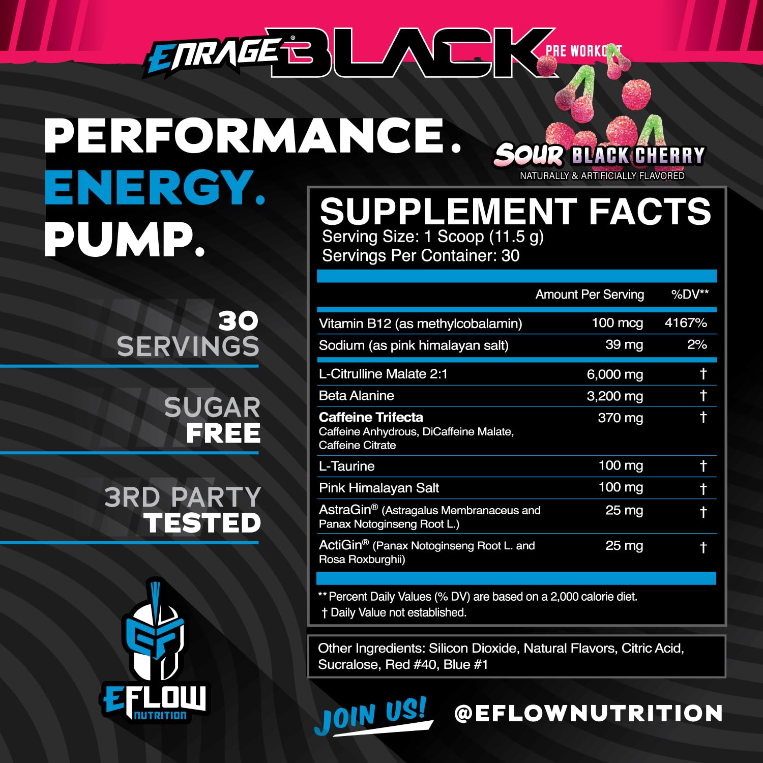 eFlow Nutrition Enrage Black, empaque trasero con información de dosis y beneficios.