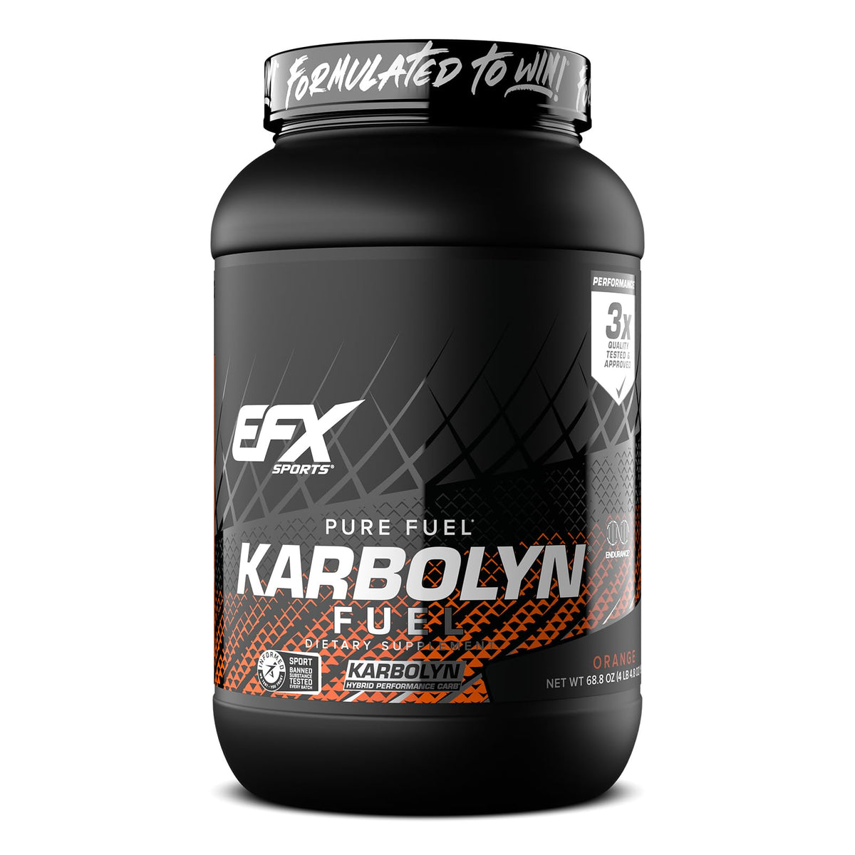 EFX Sports Karbolyn Fuel en bote naranja para energía sostenida durante entrenamientos.
