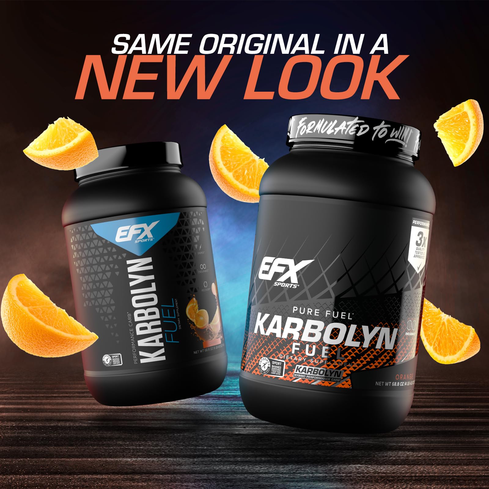 Etiqueta naranja de Karbolyn Fuel de EFX Sports, sabor y pureza para entrenos.