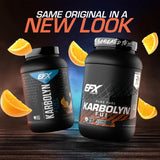Etiqueta naranja de Karbolyn Fuel de EFX Sports, sabor y pureza para entrenos.