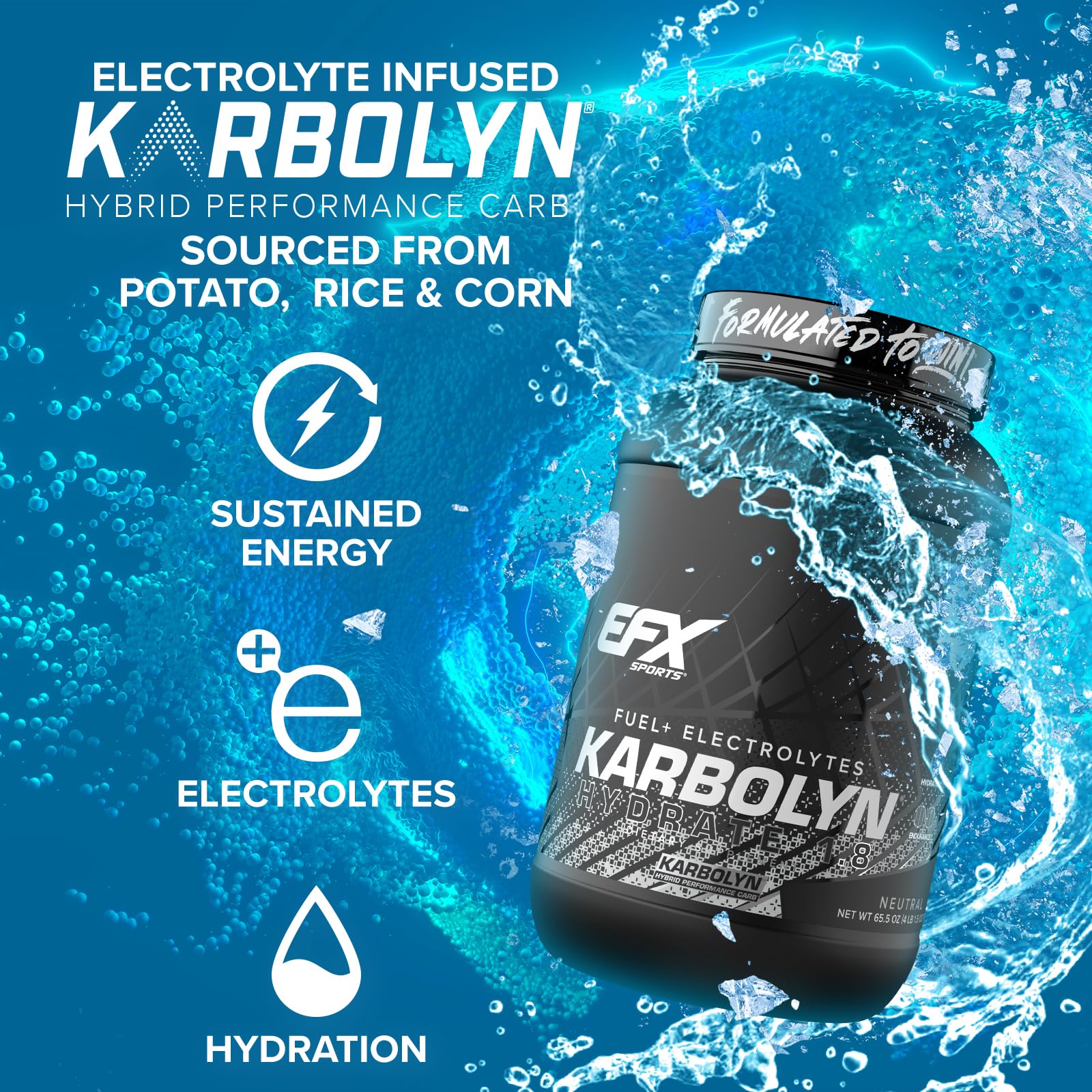 EFX Sports Karbolyn Hydrate: etiqueta de electrolitos para rehidratación equilibrada.