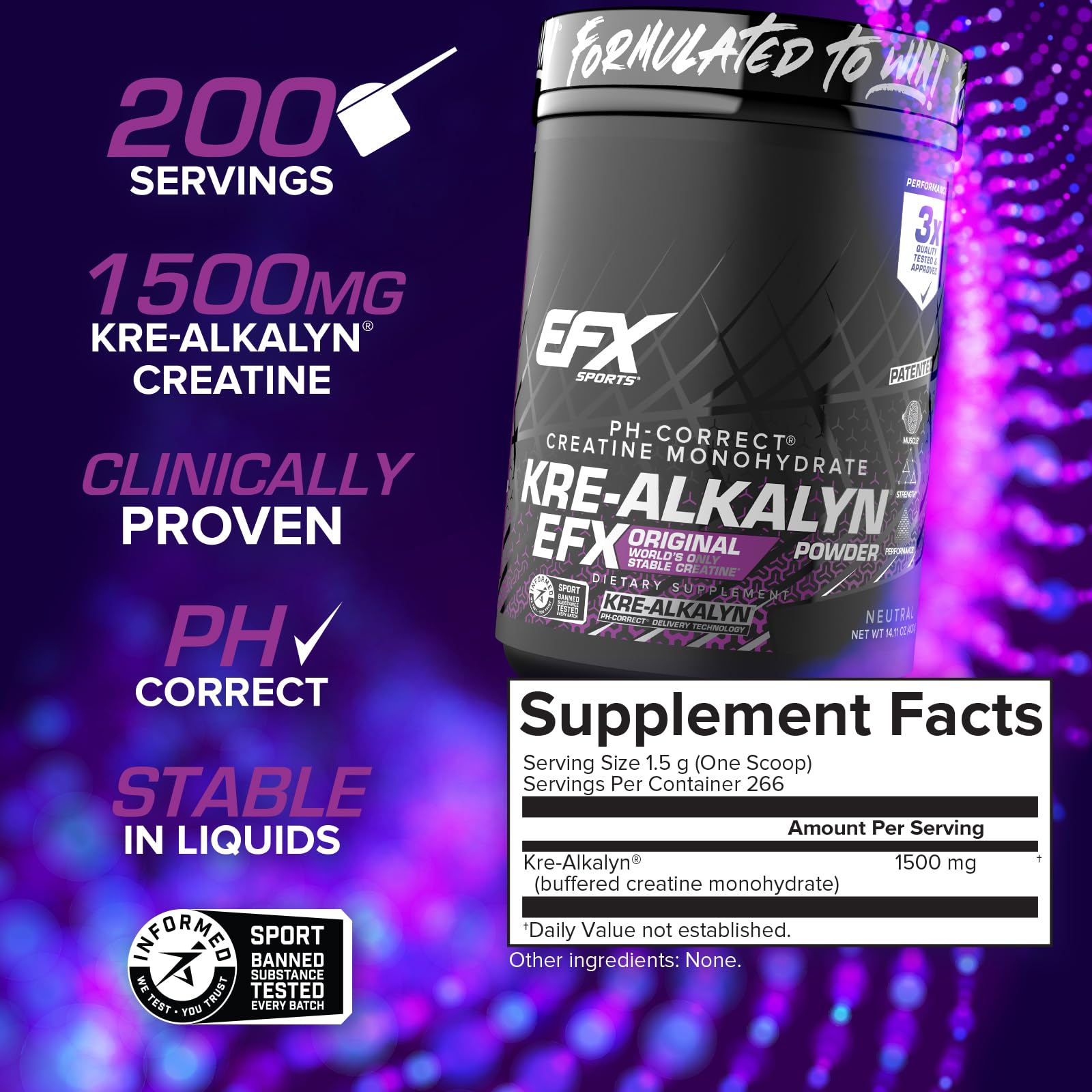 EFX Sports Kre-Alkalyn bote compacto facilita el uso diario.