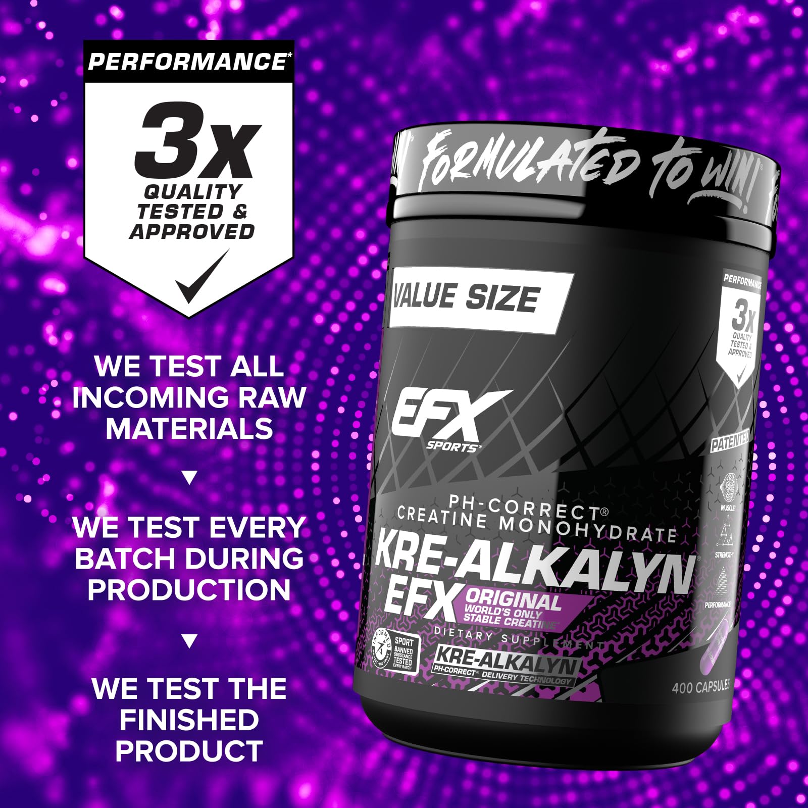 EFX Kre-Alkalyn EFX: detalle de etiqueta, información clara de beneficios.